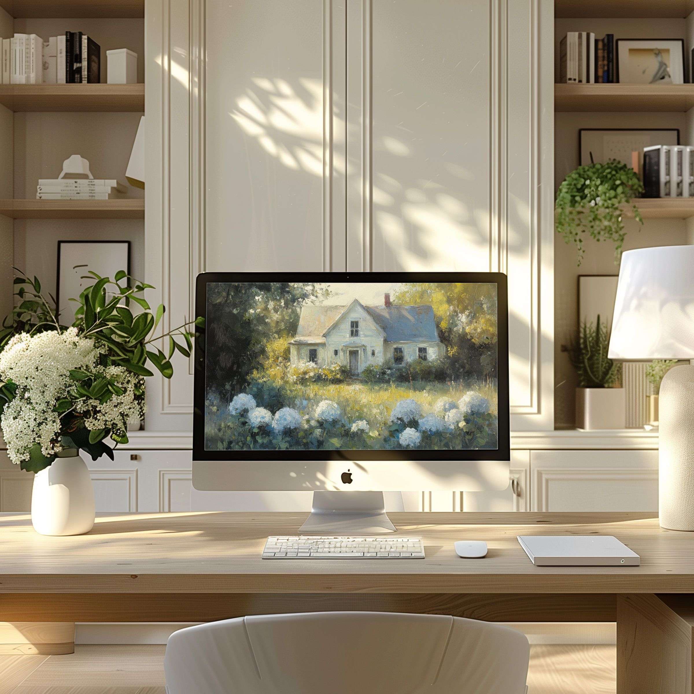Romantic countryside landscape wallpaper for computer enhances modern home office elegance, inspiring calm for PC and laptop setups