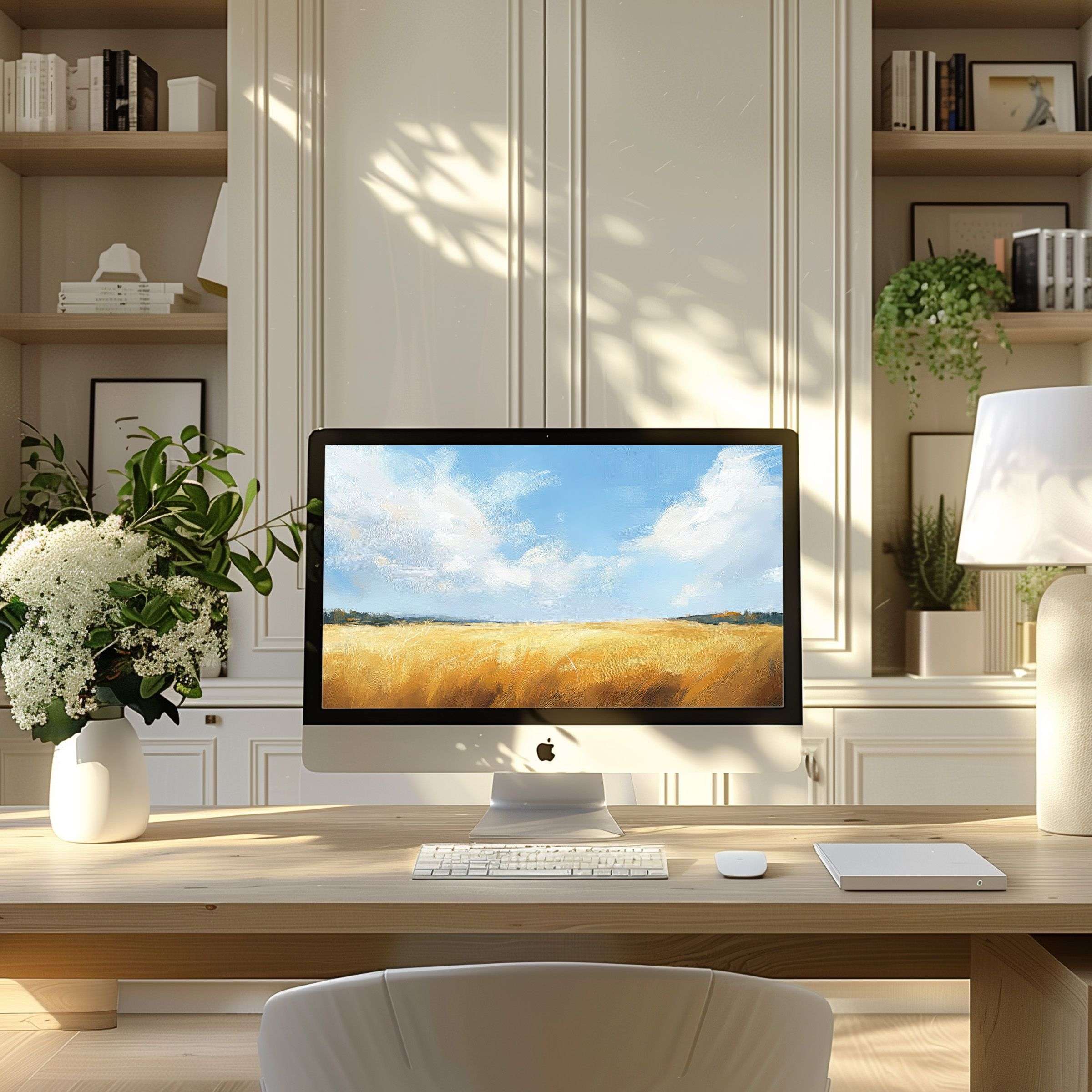 Inspire elegance with a serene field artwork as a digital wallpaper for computer, PC, and laptop; perfect for modern home offices
