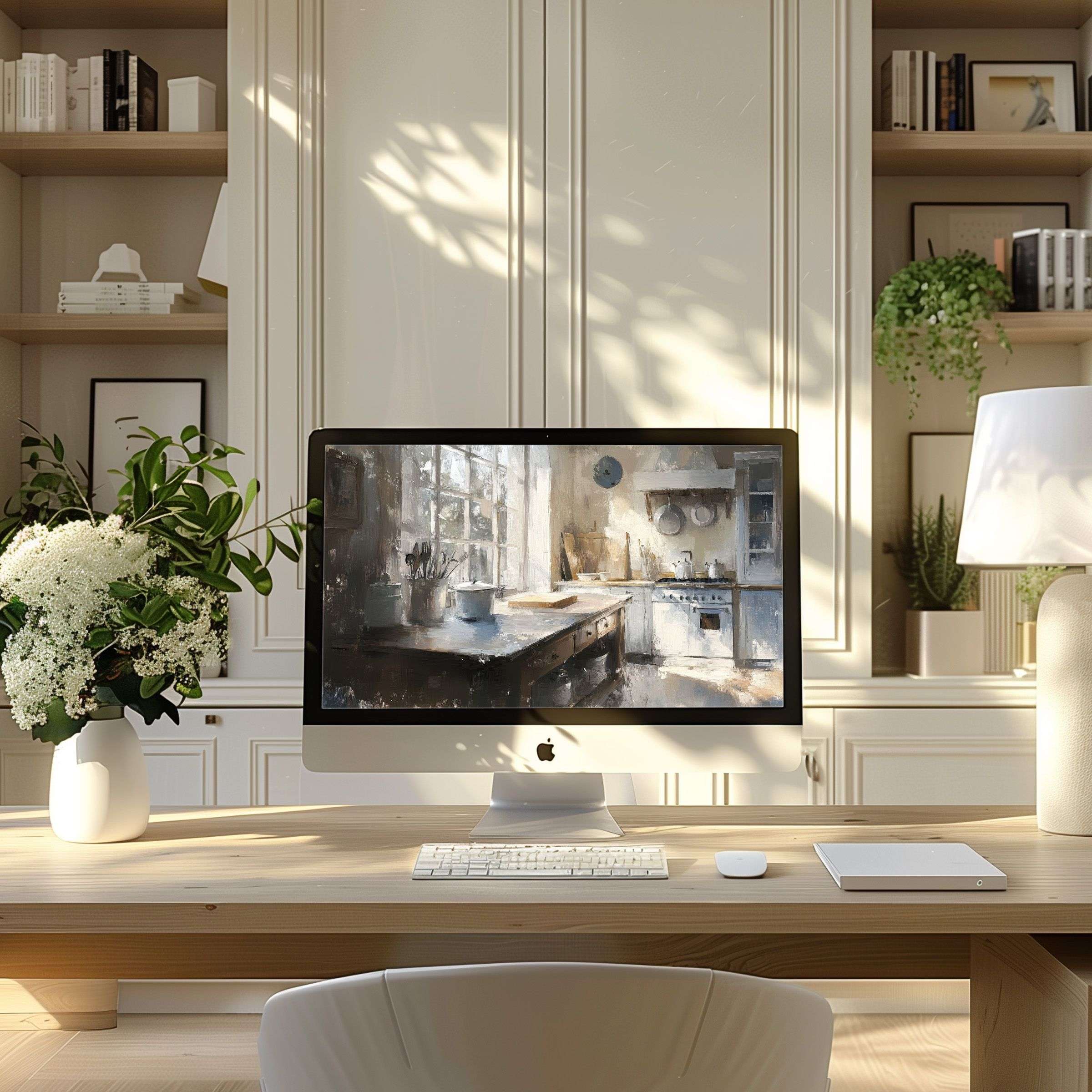 Elegant digital art in soft hues as wallpaper for computer on a PC or laptop, enhancing modern home office inspiration