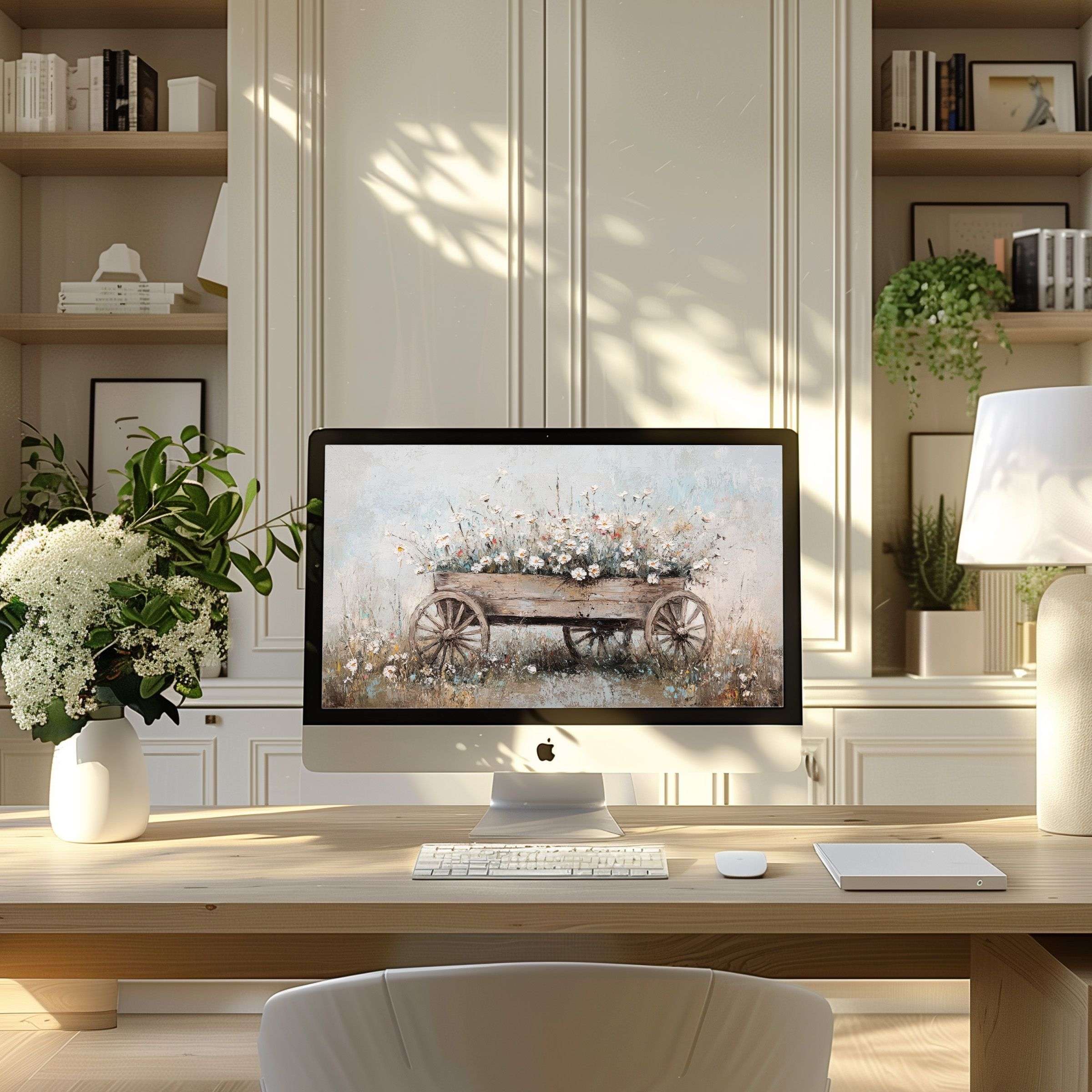 Elegant floral cart artwork as wallpaper for computer brings calm and inspiration to modern home office PC or Laptop users