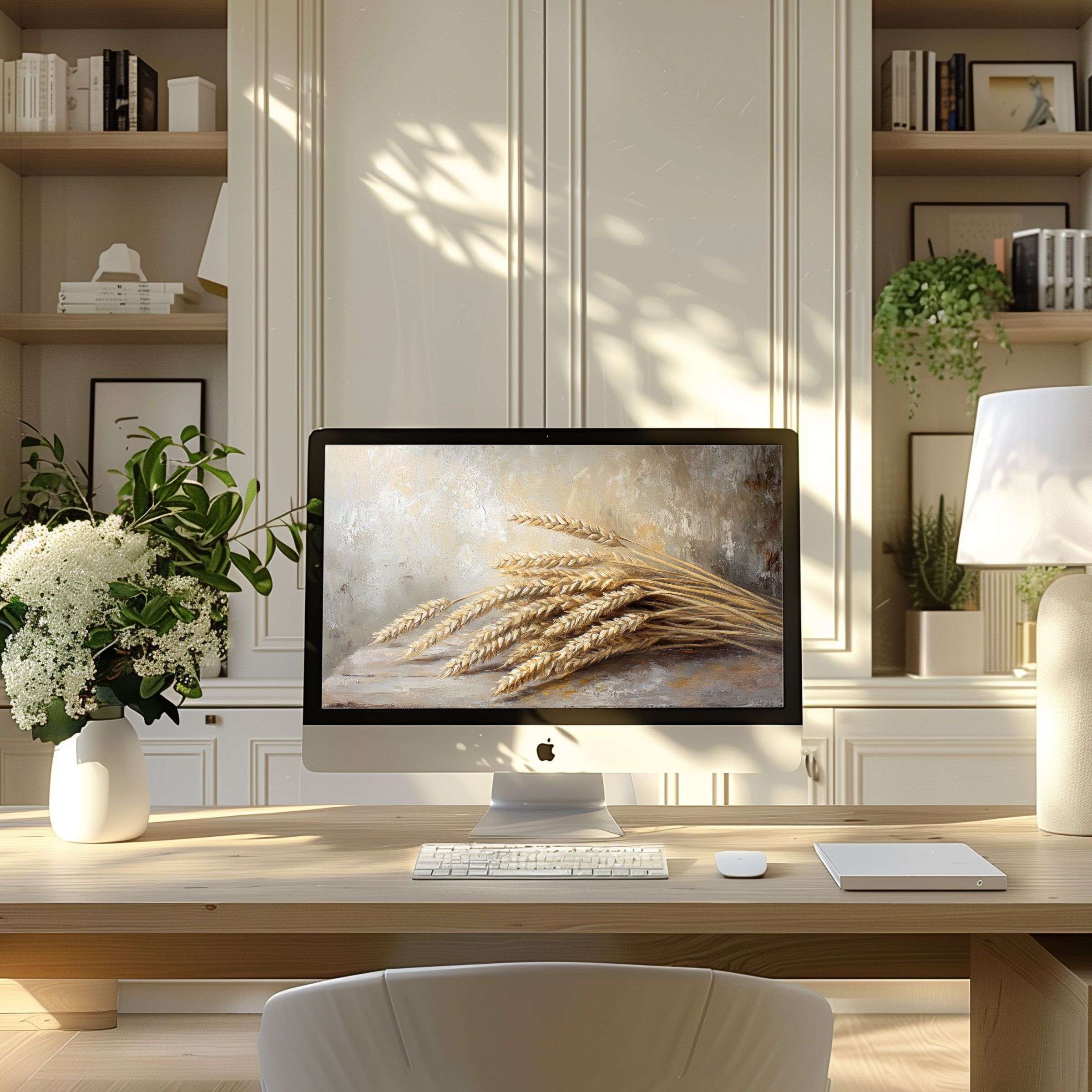Elegant wheat motif wallpaper for computer enhancing calm in a modern home office, perfect for PC, laptop, ultrawide screens