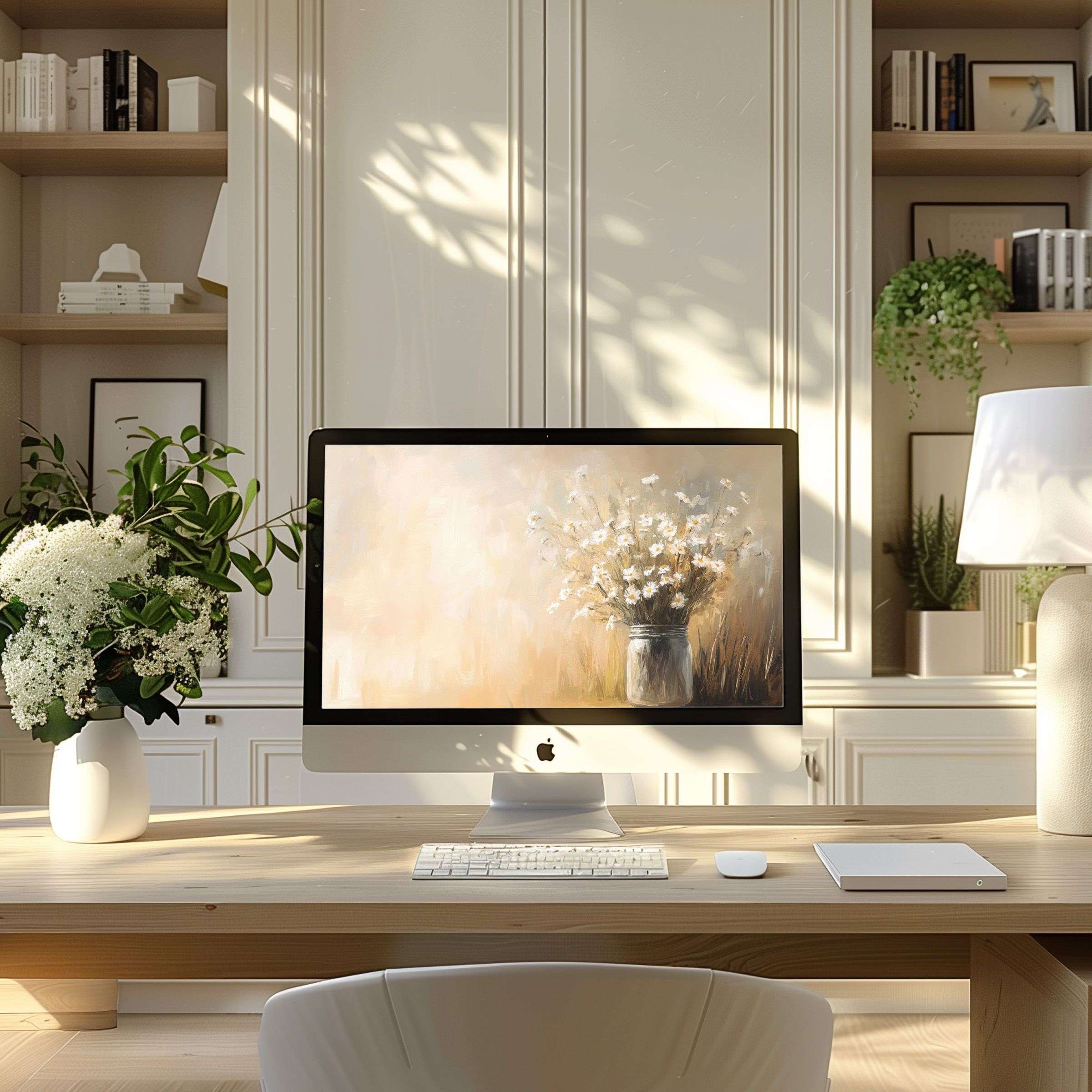 Elegant floral wallpaper for computer creating a serene atmosphere in a modern home office setting suitable for PC or Laptop use