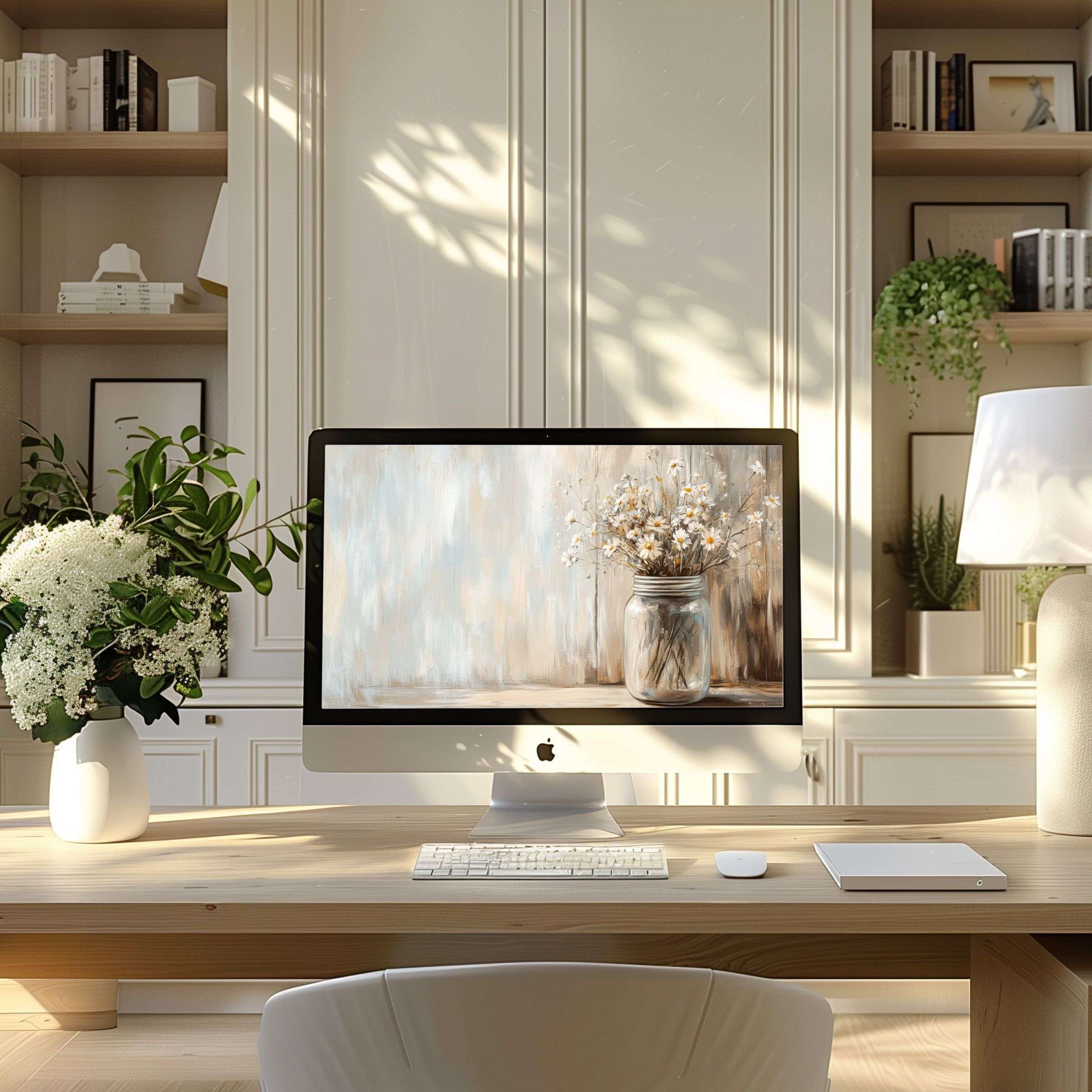 Elegant floral artwork wallpaper for computer adds calm and inspiration to your modern home office PC or laptop setup