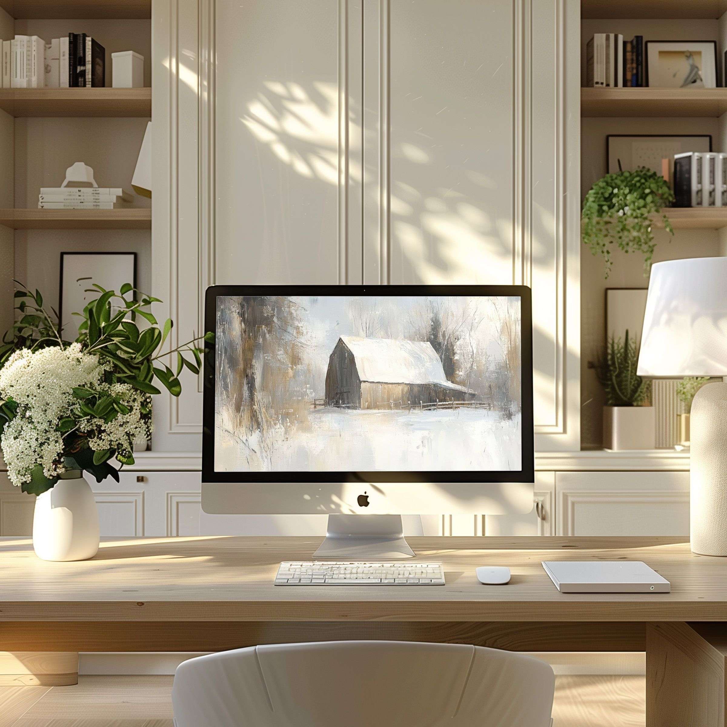 Calm elegance for your PC or Laptop: Inspiring snowy barn digital wallpaper fits any computer or ultrawide screen with style
