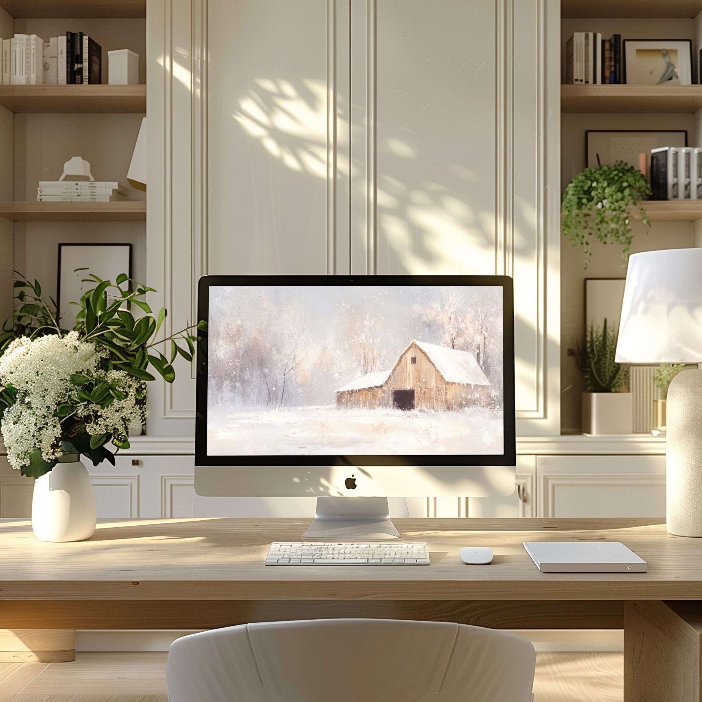 Elegant snowy barn artwork as wallpaper for computer, PC, and laptop inspires calm in a modern, serene home office setting