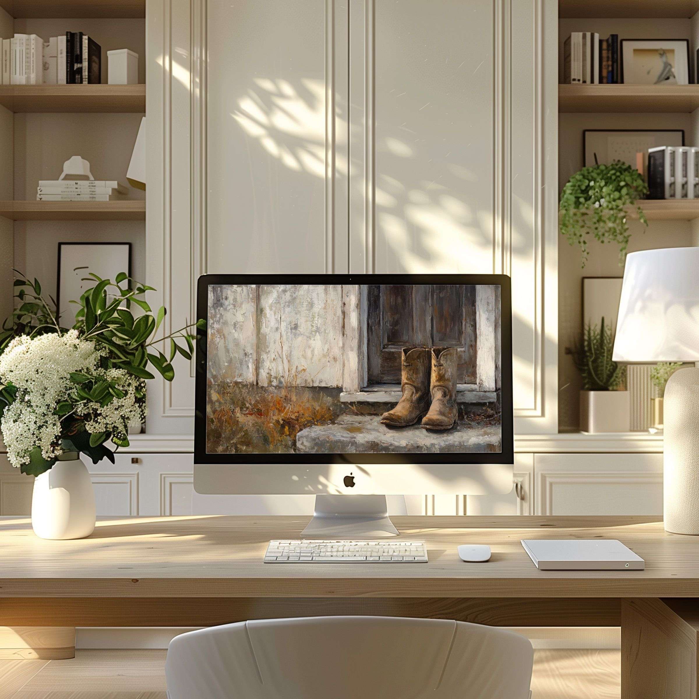 Elegant wallpaper for computer evokes calm, earthy tones of worn boots; ideal for modern PC or laptop digital downloads