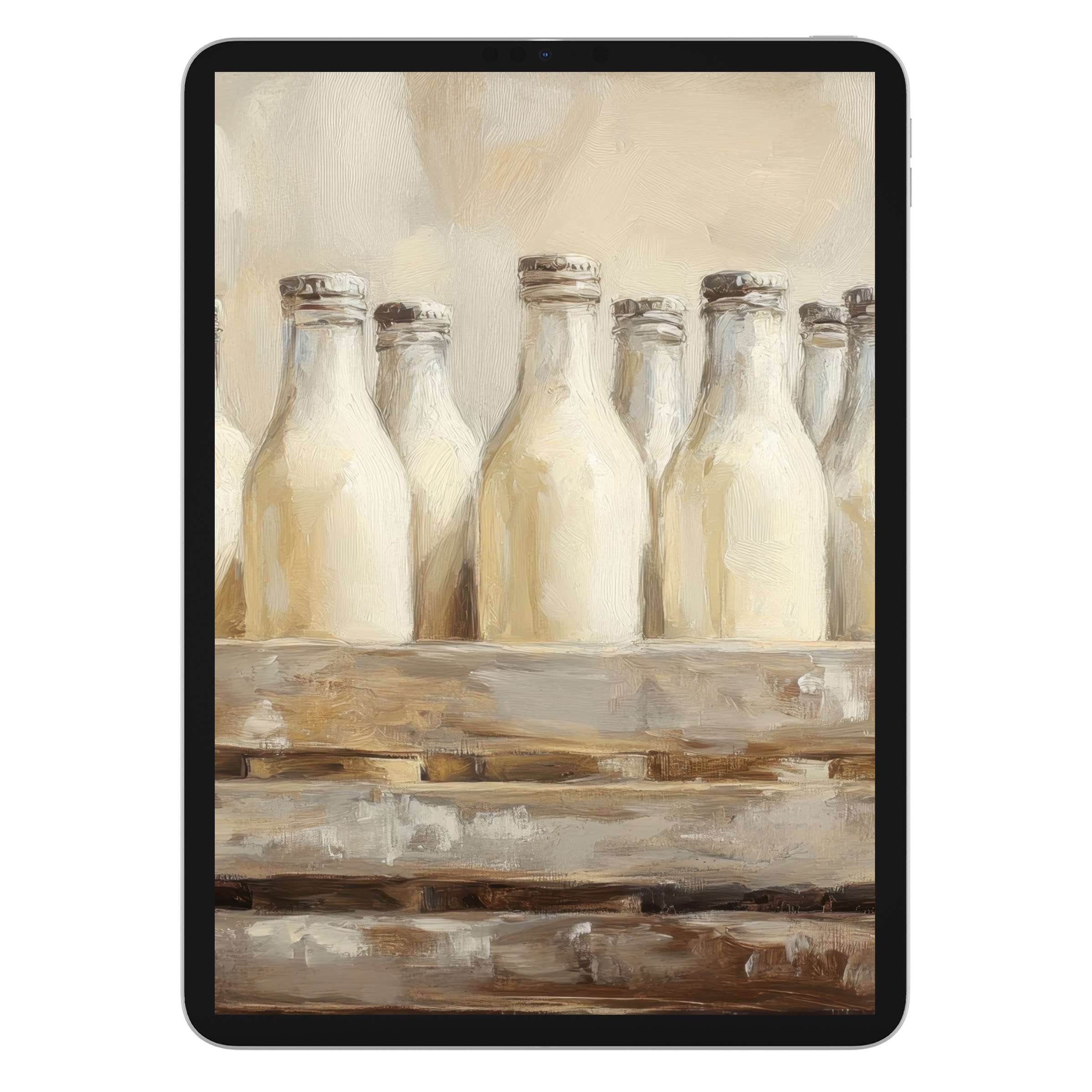 Farmhouse iPad wallpaper featuring vintage milk bottles against a rustic wooden background for tablets offers an elegant digital download option