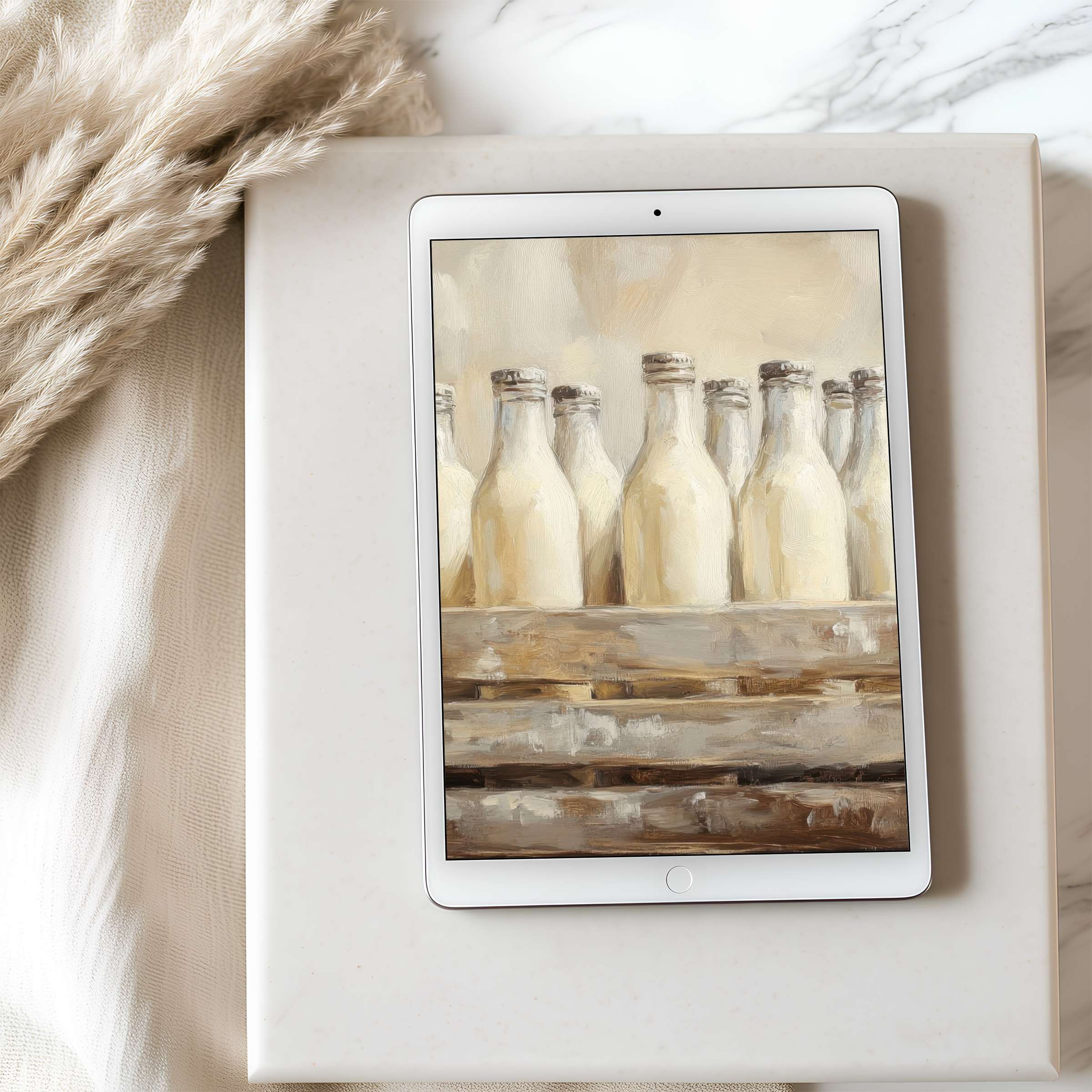 Elegant tablet wallpaper featuring serene still life of vintage bottles in neutral tones, ideal for high resolution iPad display download