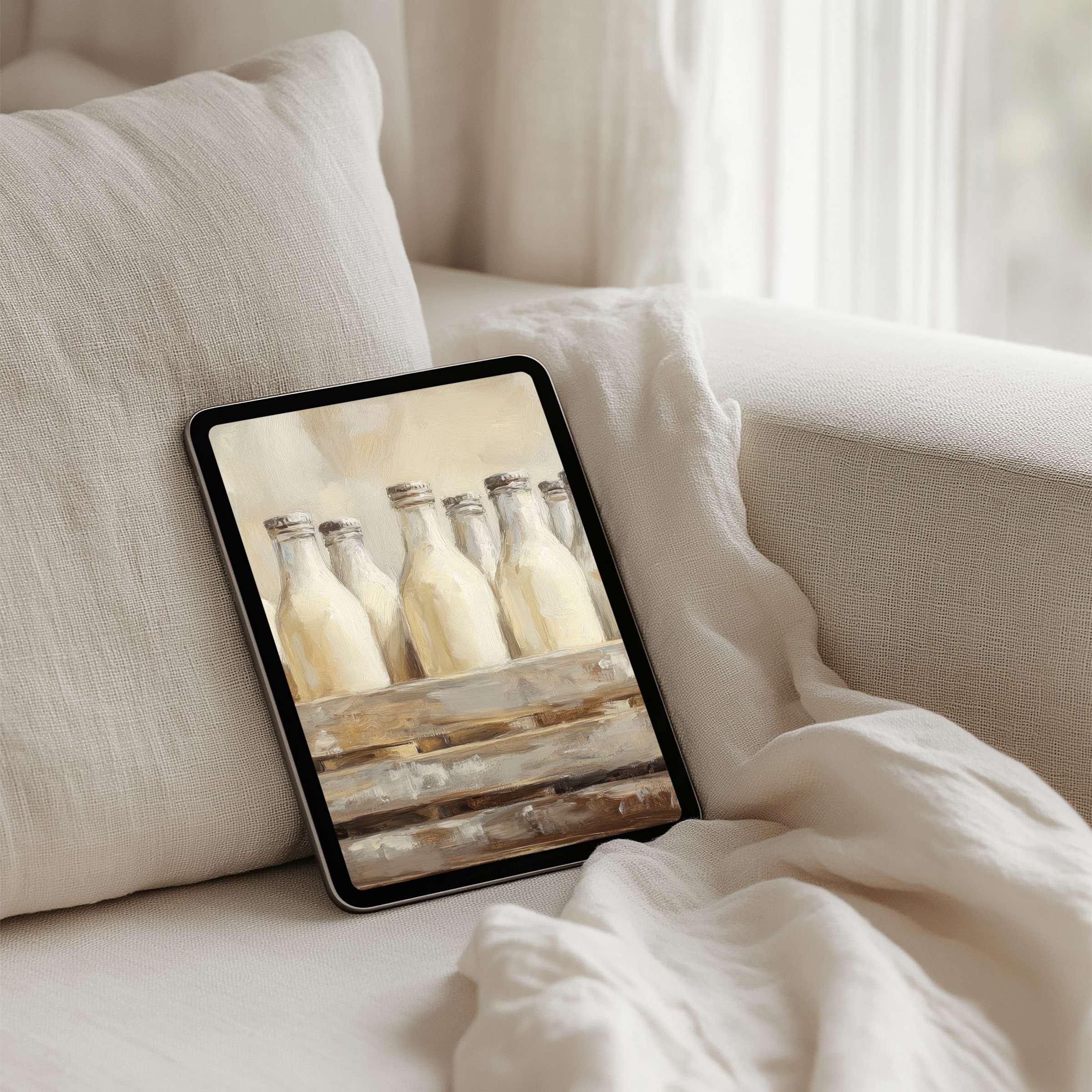 Elegantly rustic iPad background featuring serene bottles, perfect for instant download on any tablet to inspire calm and mindfulness