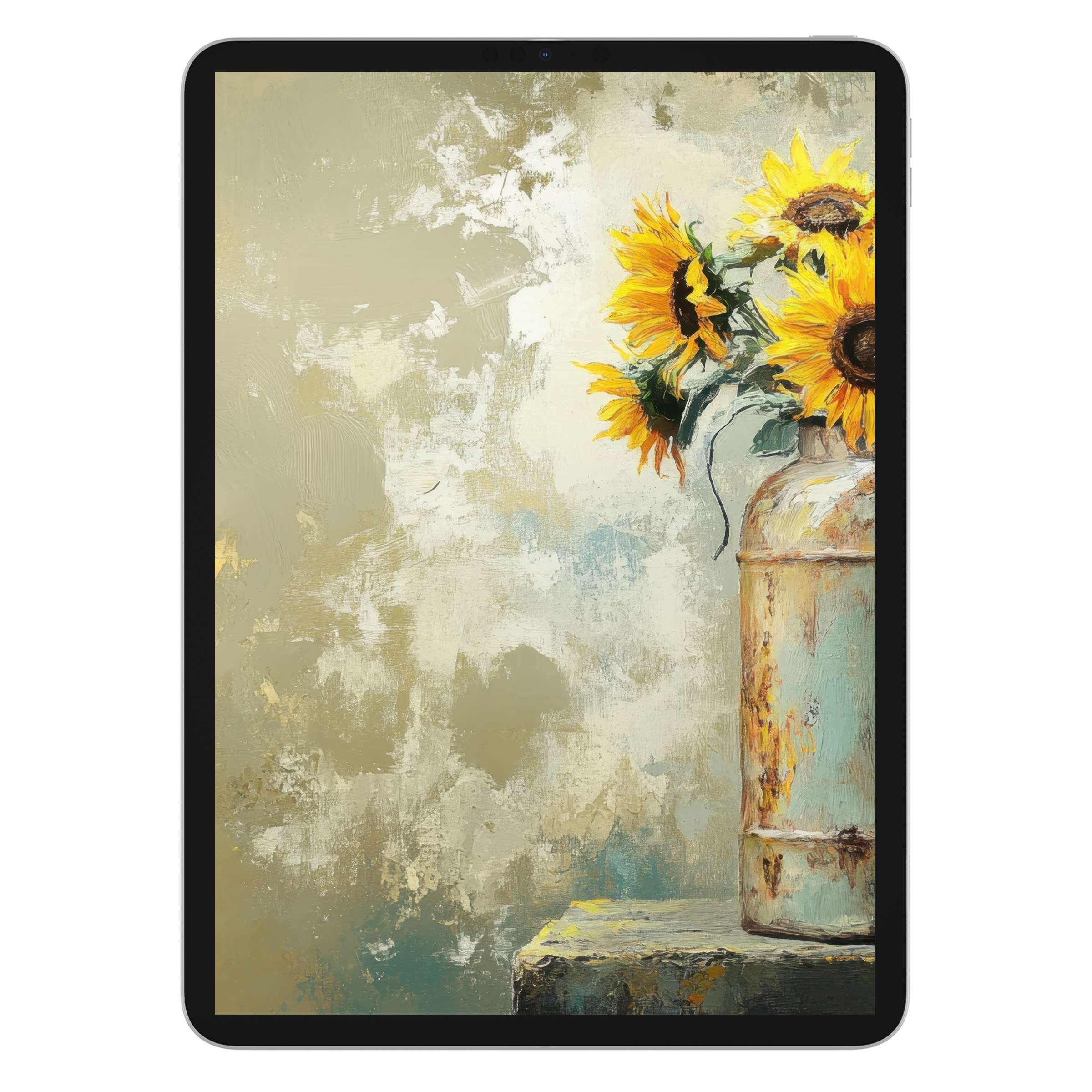Farmhouse iPad wallpaper features rustic sunflowers in an elegant vintage vase against a textured backdrop digital download suitable for tablet backgrounds
