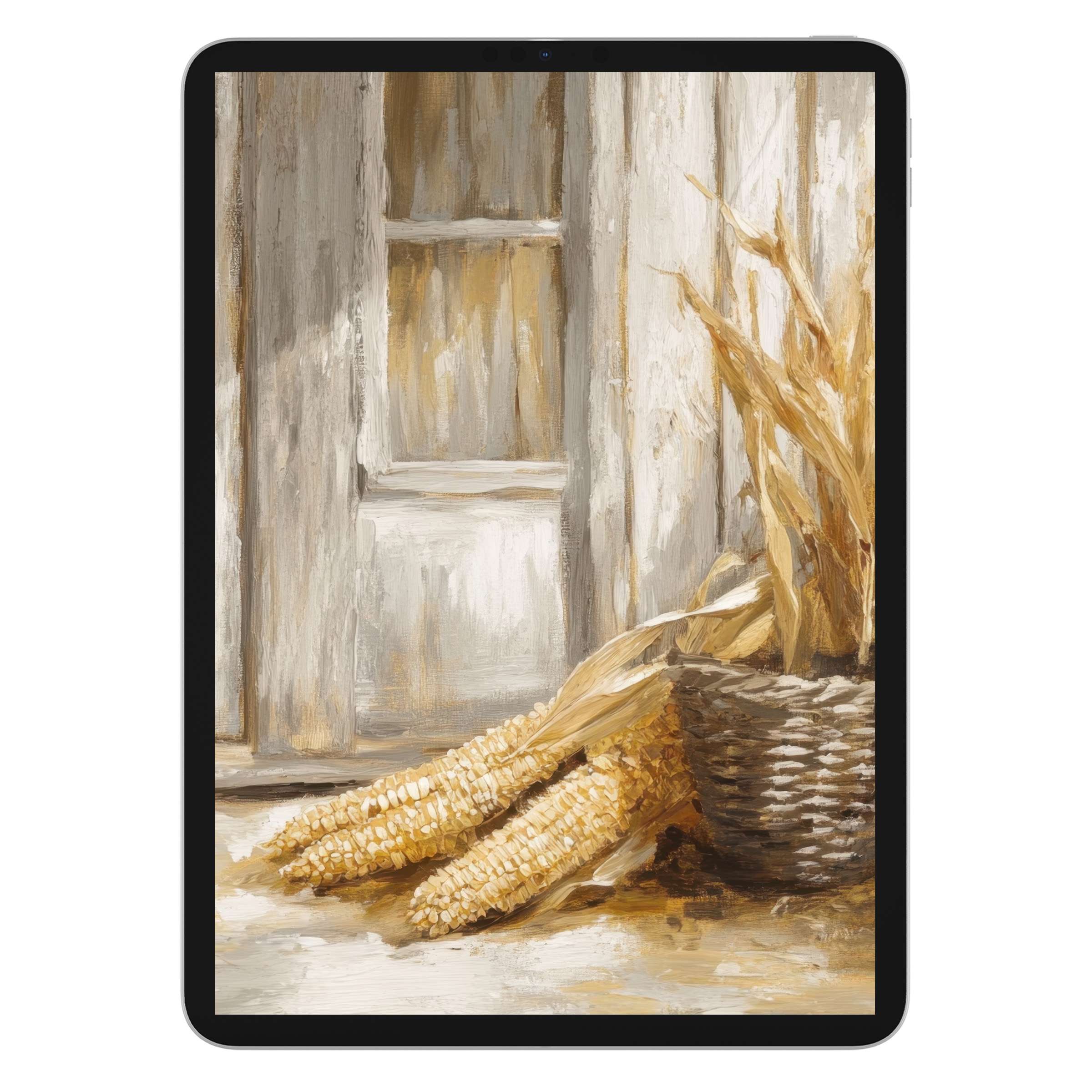 Farmhouse iPad wallpaper featuring serene corn stalks against rustic textures, ideal digital download for tablet background in earthy tones