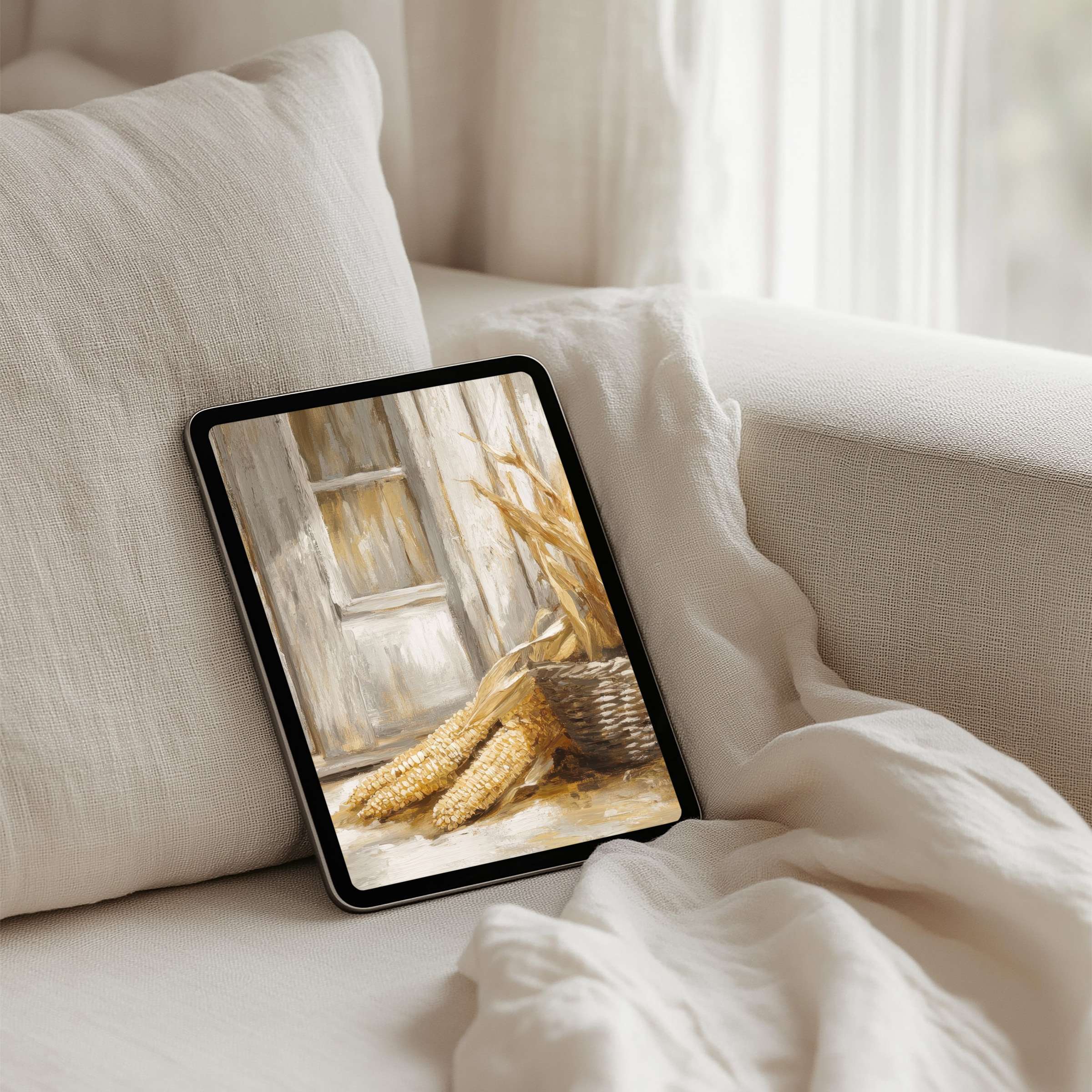 Elegant iPad background featuring rustic harvest scene in calming beige tones for instant download on any tablet device inspiring serenity