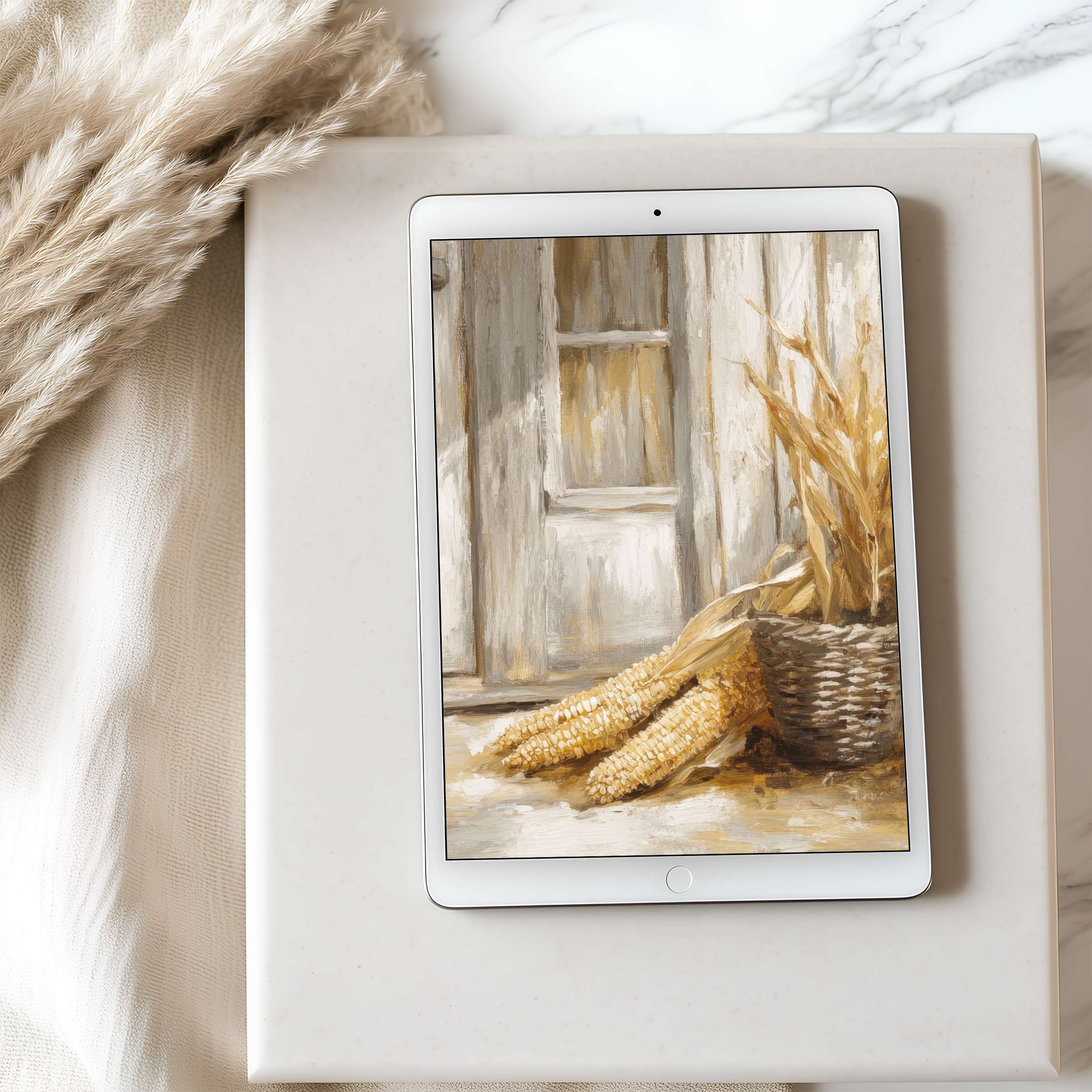 Elegant tablet wallpaper featuring rustic corn art in warm tones set against natural textures for high-resolution digital download