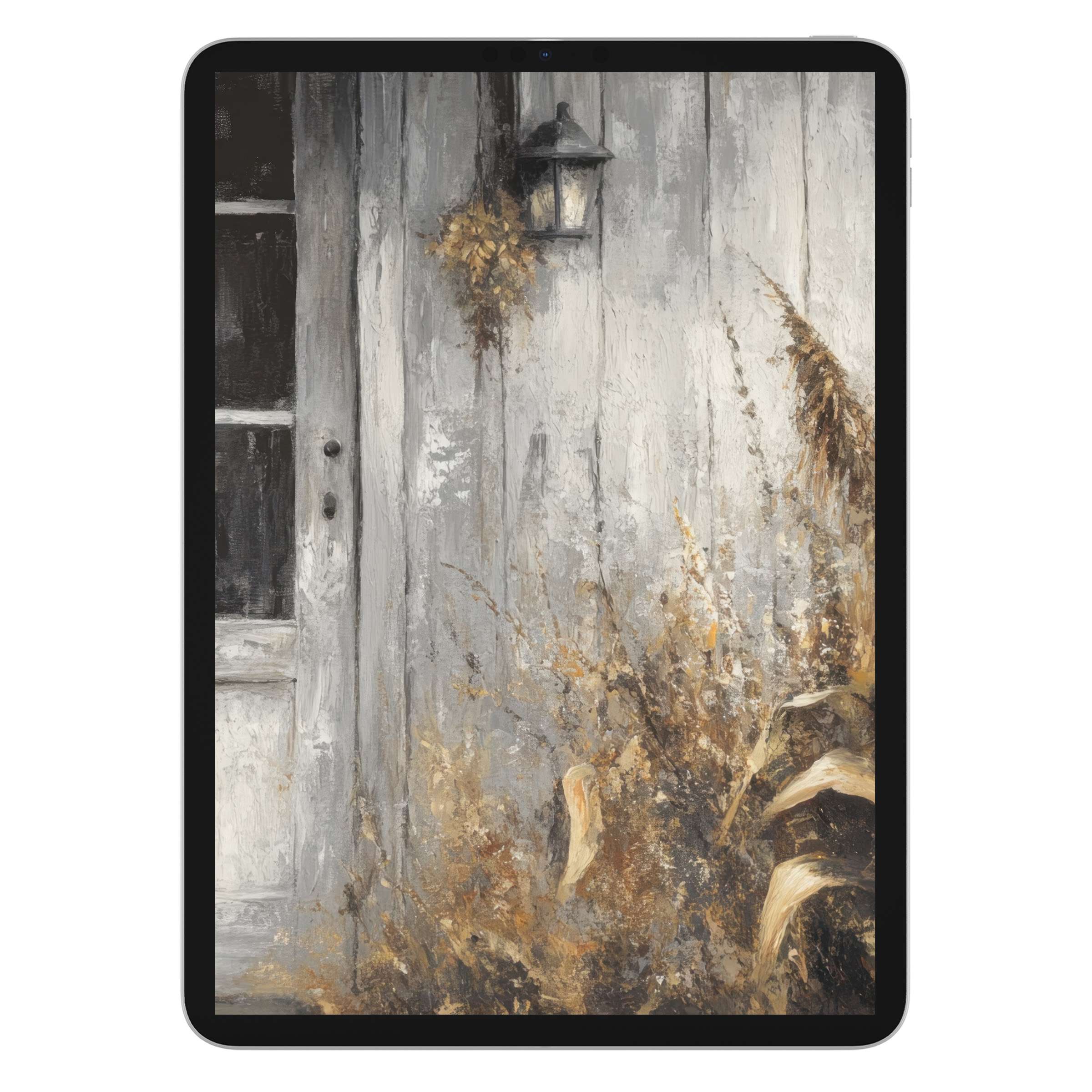 Elegant farmhouse iPad wallpaper featuring rustic textures and soft earthy tones, ideal digital download for a calming tablet background