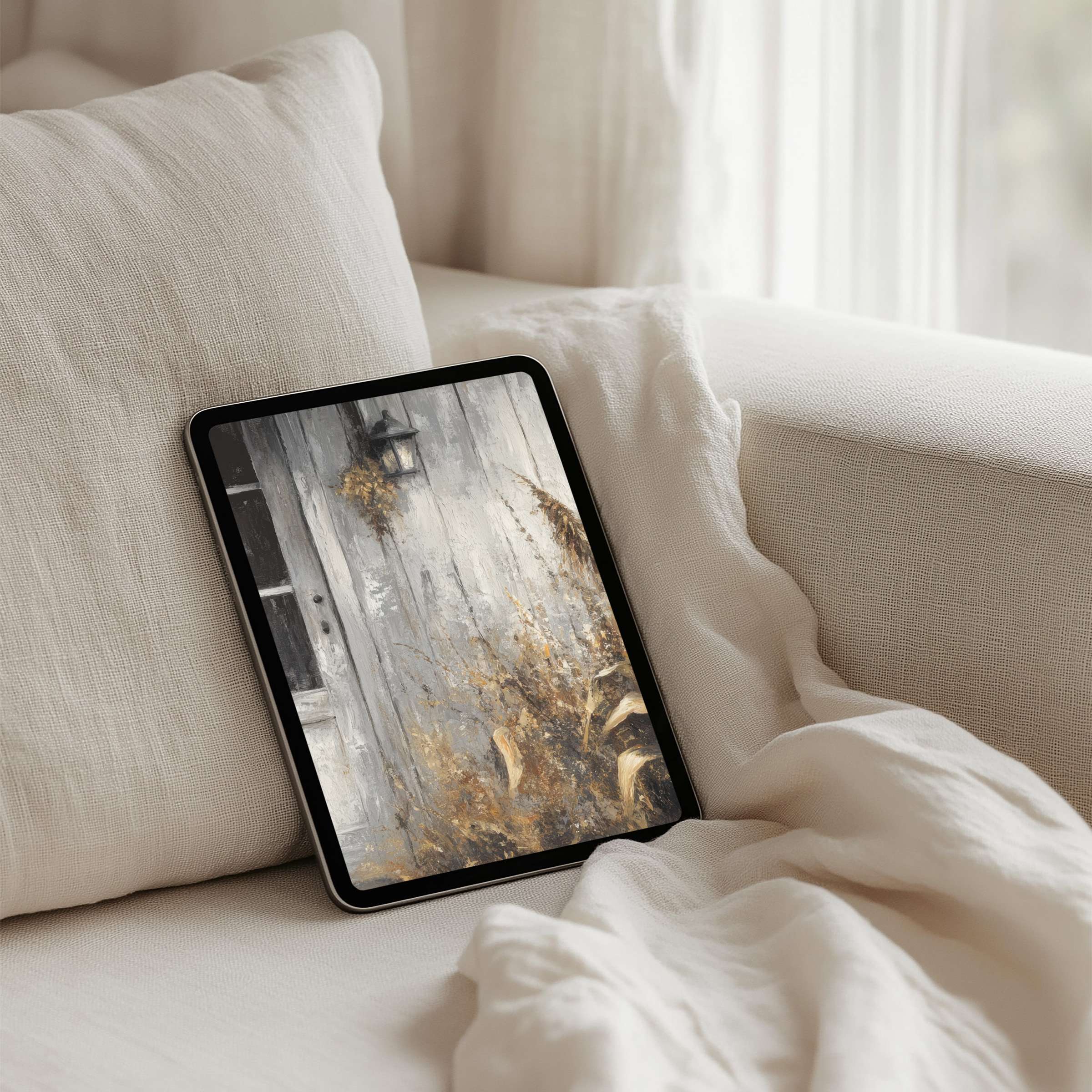 Elegant iPad background blending rustic textures with golden hues on a cozy sofa for instant download to your tablet, enhancing mindfulness