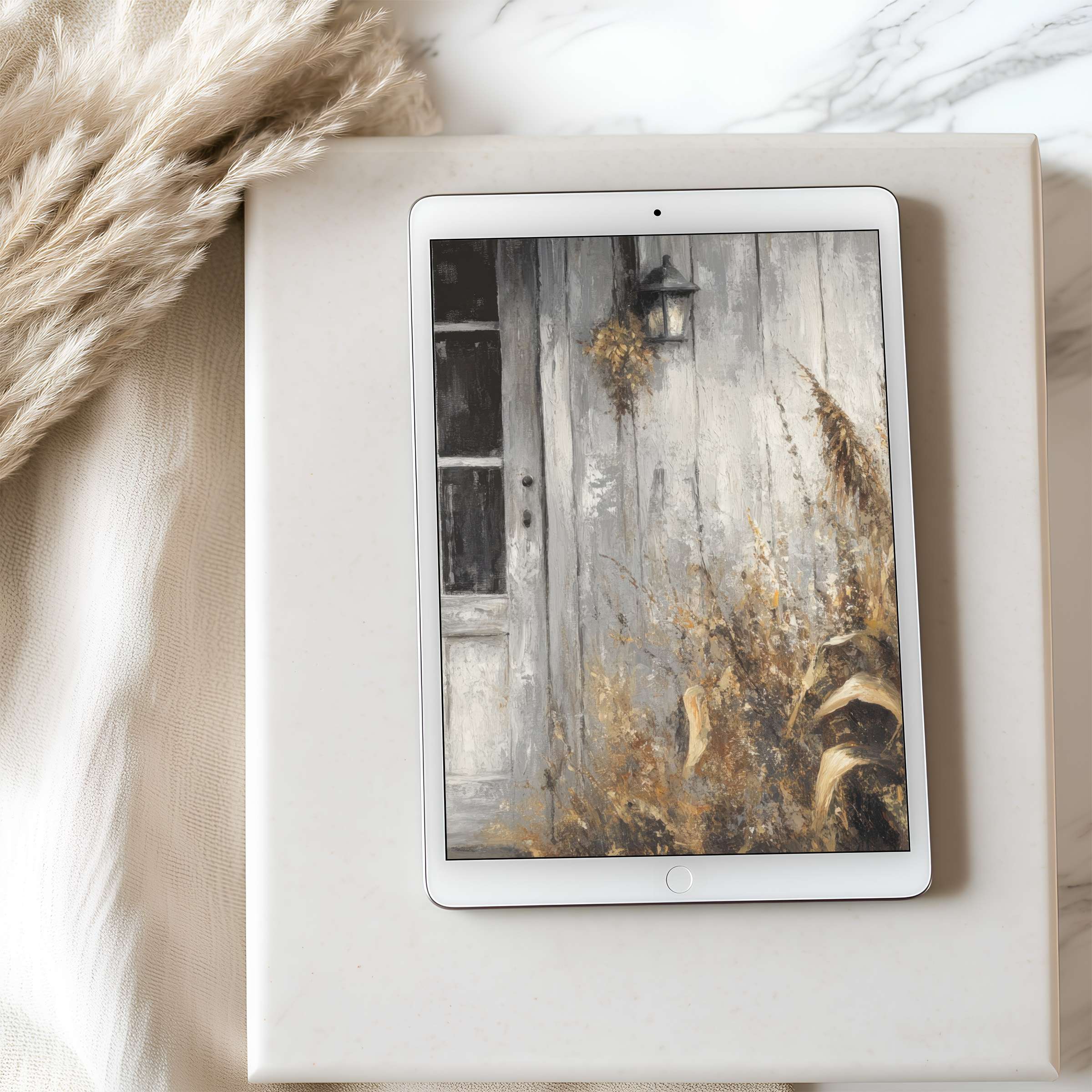Serene tablet wallpaper featuring rustic door art in muted tones, ideal for iPad high resolution download, enhancing calm interiors