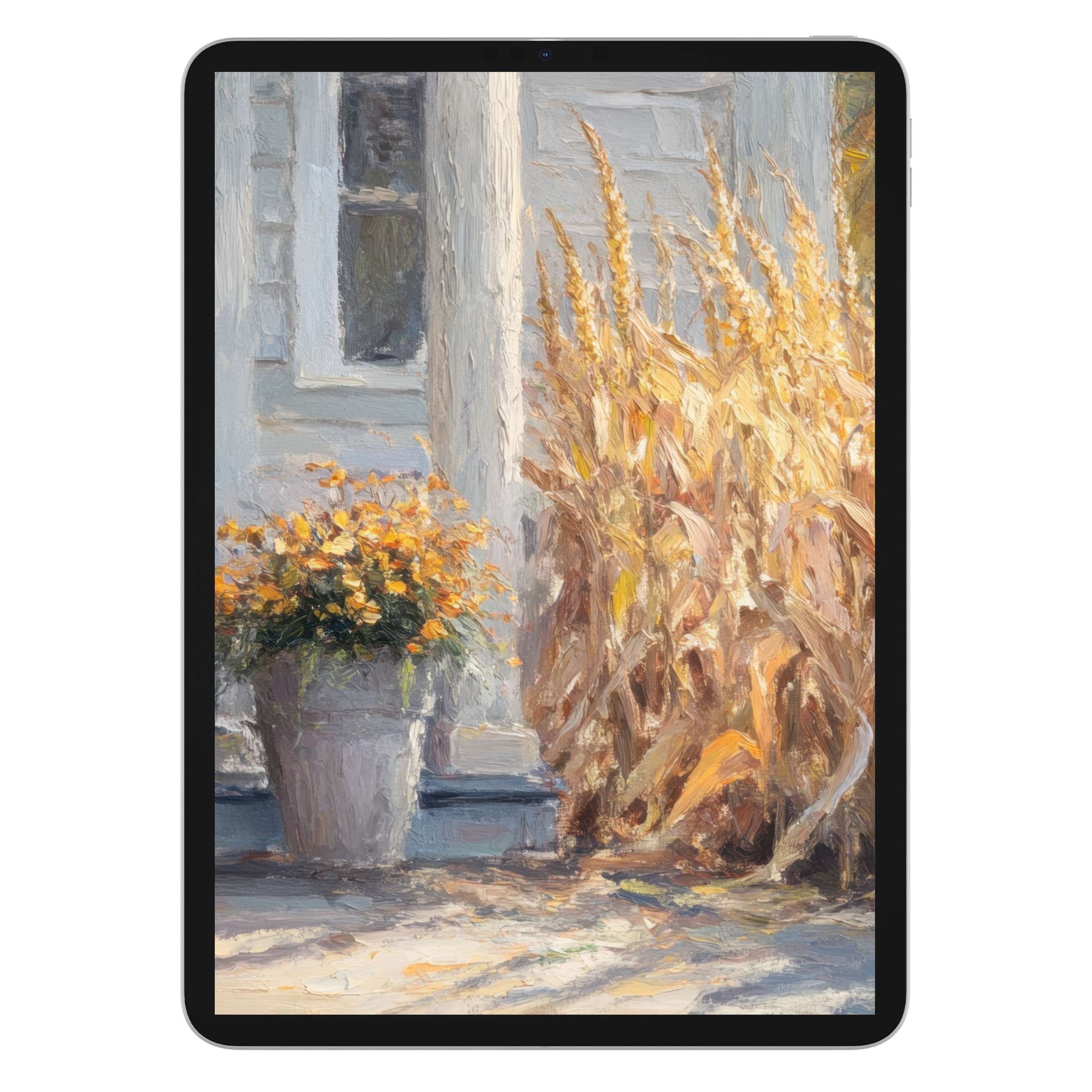 Farmhouse iPad wallpaper with rustic autumn cornfield art offers a serene digital download for elegant tablet backgrounds