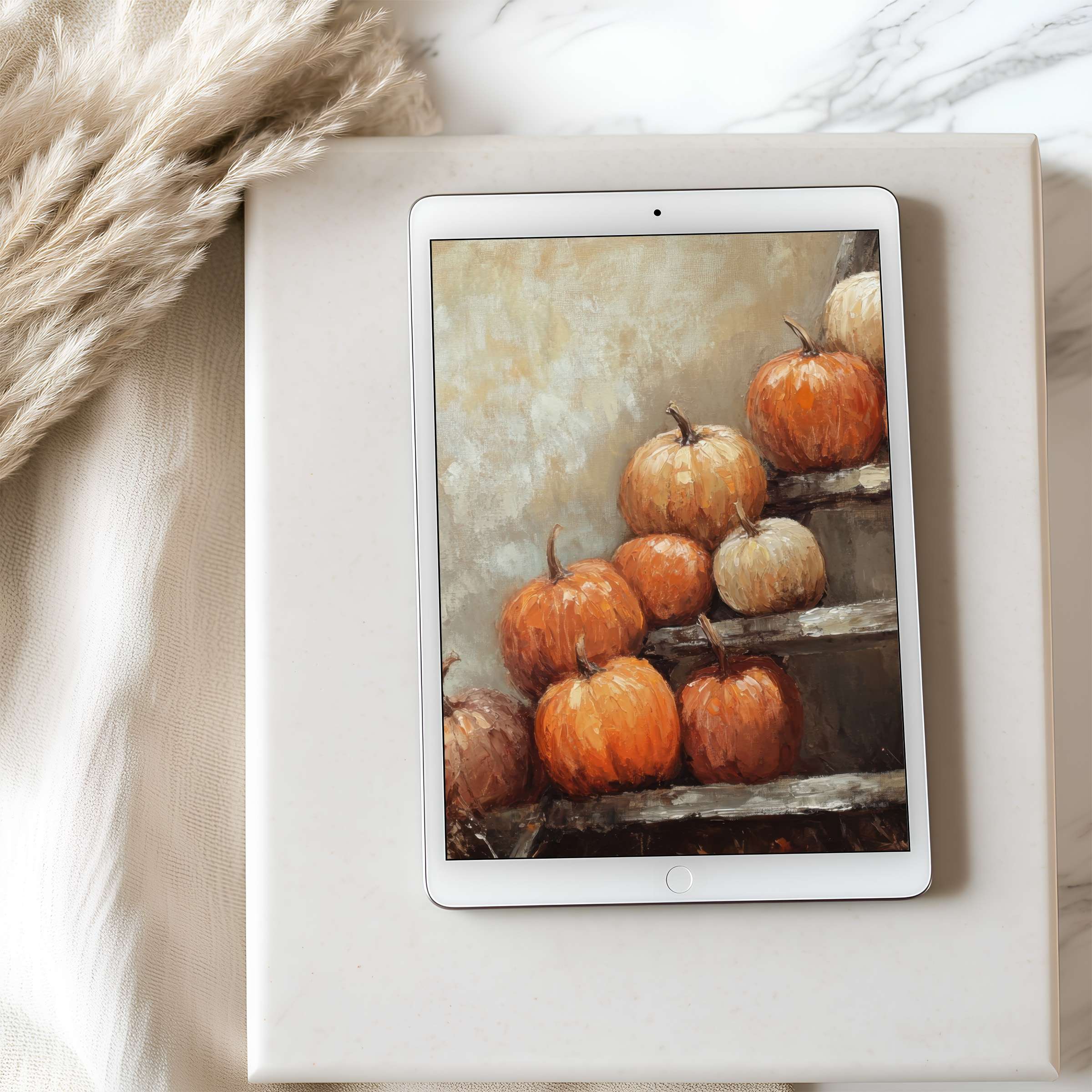 Elegant pumpkin-themed tablet wallpaper in high resolution, perfect for iPad or Android Brings autumnal calm to curated digital spaces