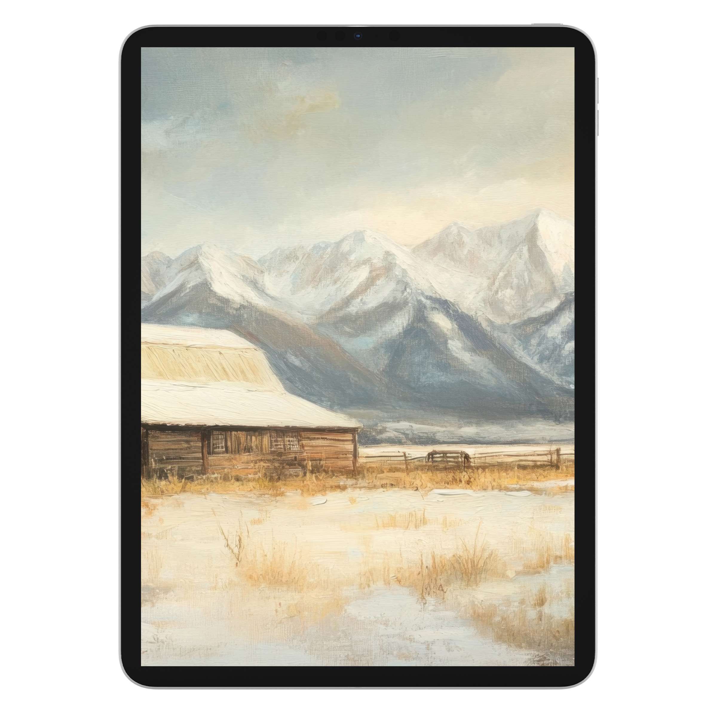 Rustic farmhouse iPad wallpaper digital download featuring serene snowy mountains and cabin background for tablet tranquility and style