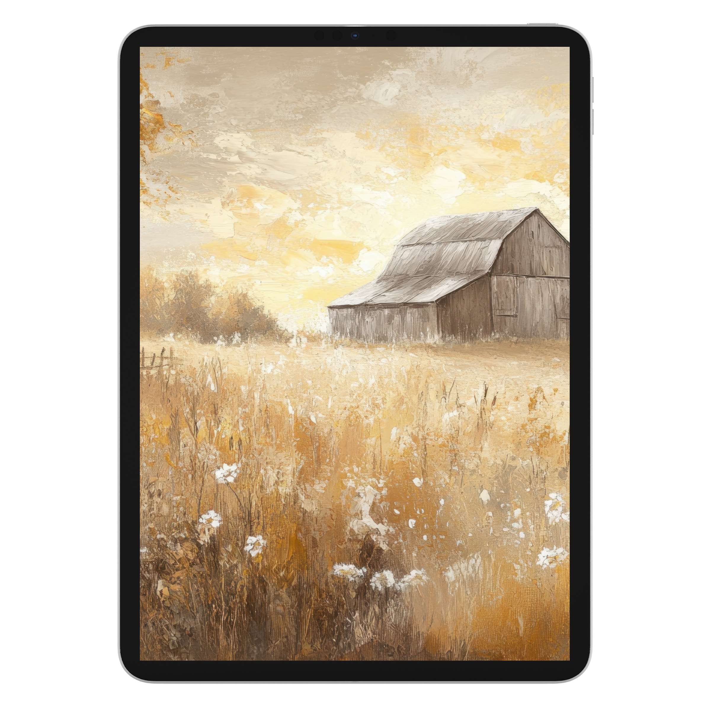 Farmhouse iPad wallpaper featuring a serene barn and golden field for a tranquil tablet background digital download suitable for Android