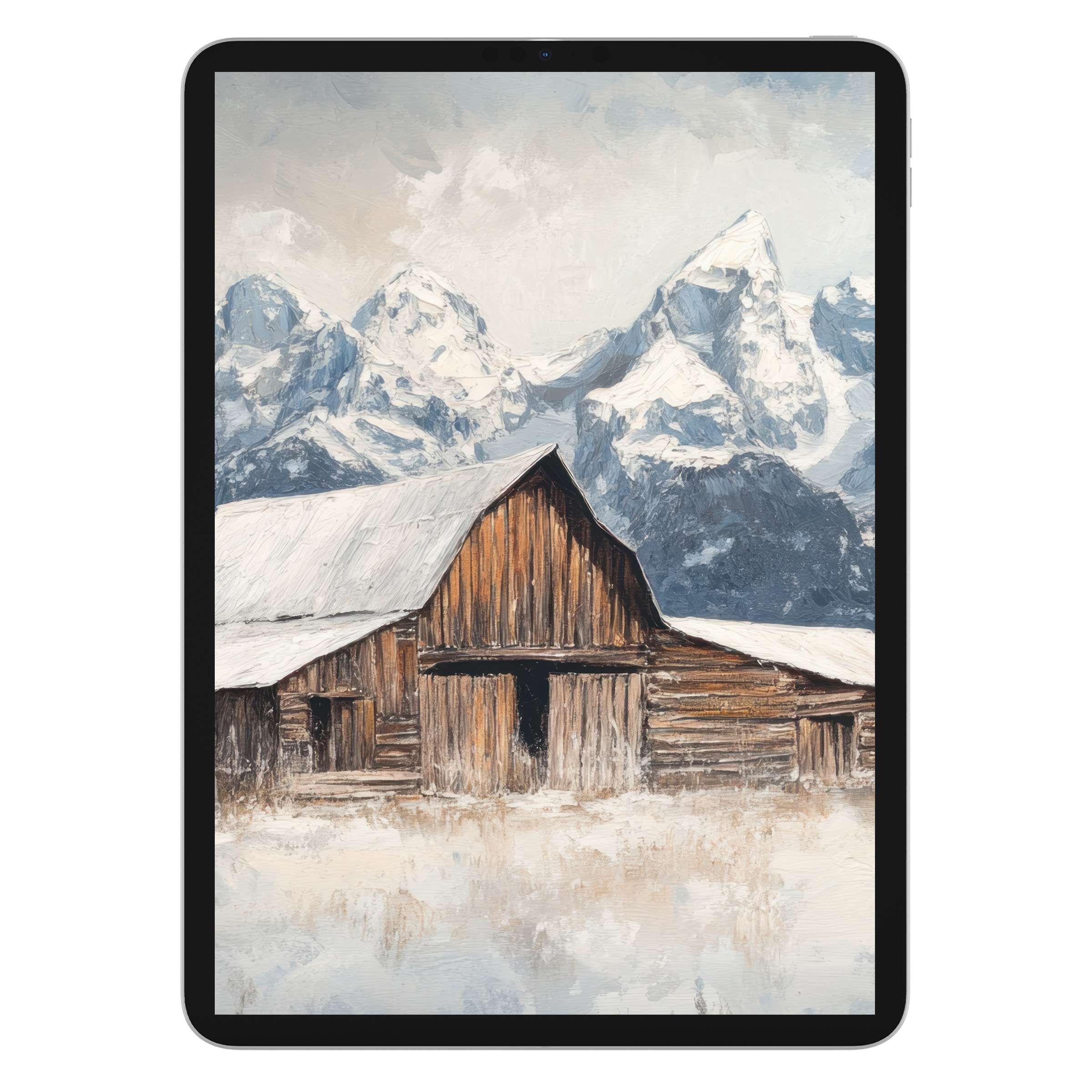 Rustic farmhouse iPad wallpaper with warm tones and snowy mountains offers an elegant digital download for tablet backgrounds