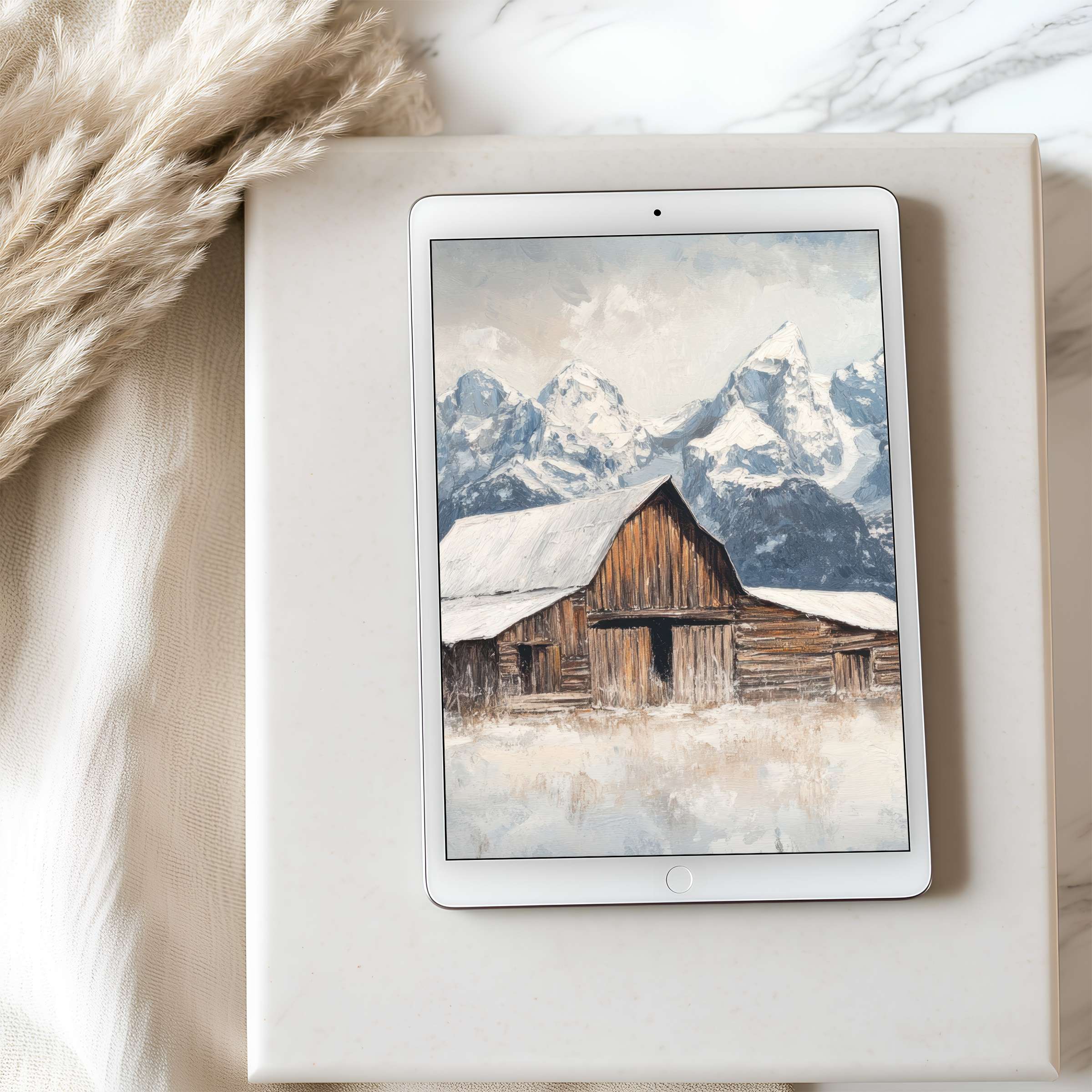 Rustic barn tablet wallpaper in high resolution capturing serene snow-capped mountains, enhancing elegant tablet screens and interiors