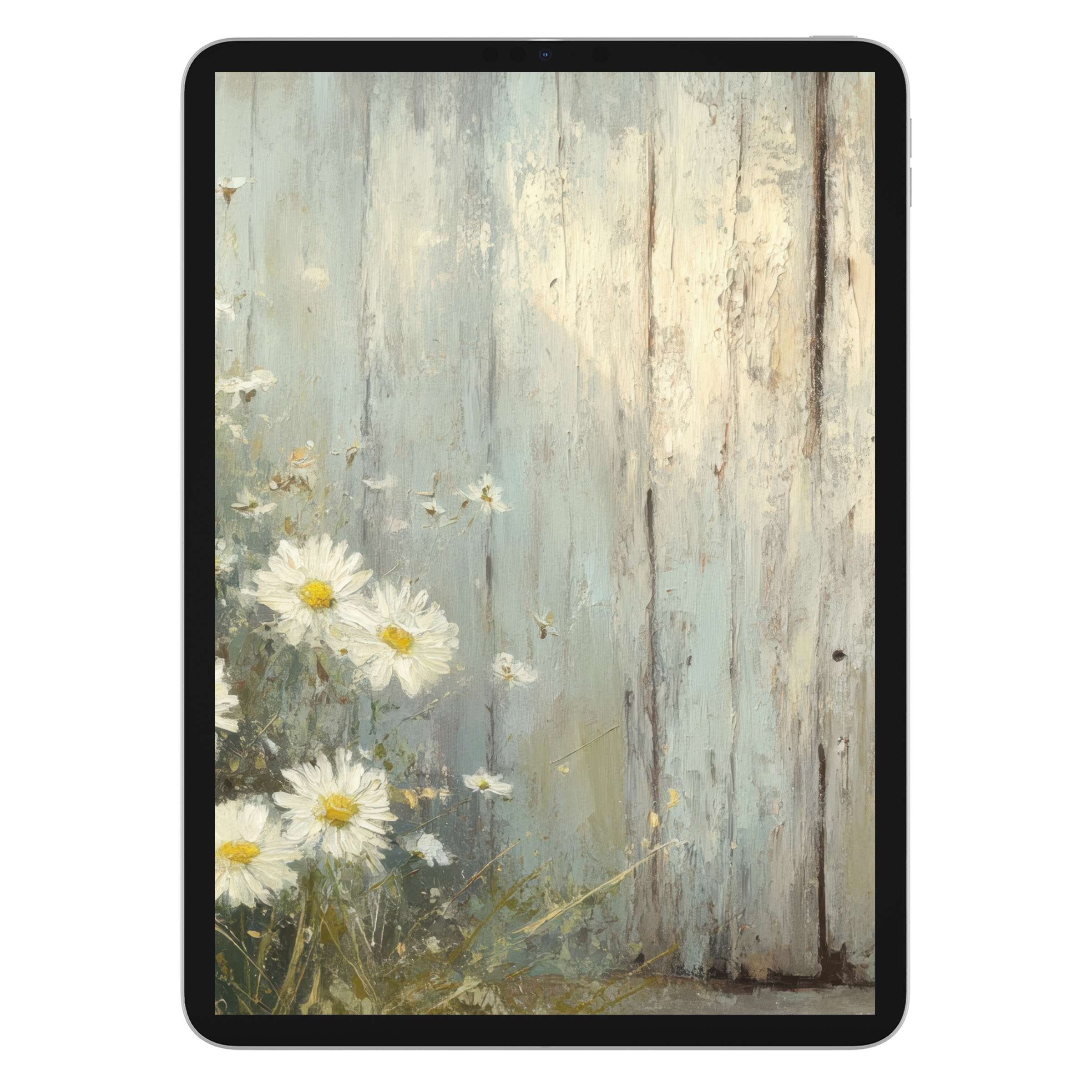 Farmhouse iPad wallpaper featuring rustic textures and daisies, perfect digital download background for tablet elegance and calm