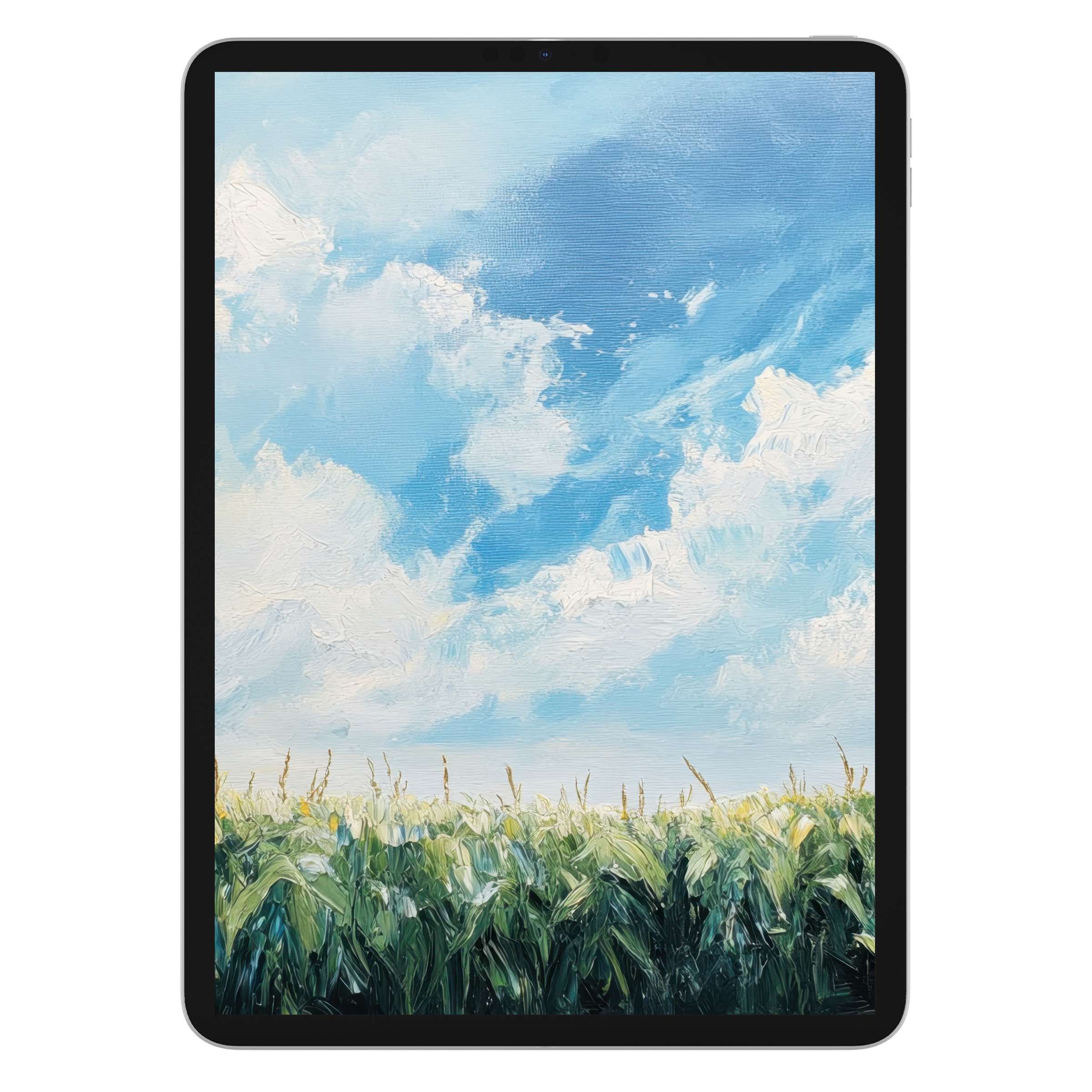 Farmhouse iPad wallpaper digital download featuring a serene sky and lush field scene, perfect tablet background for a calming escape