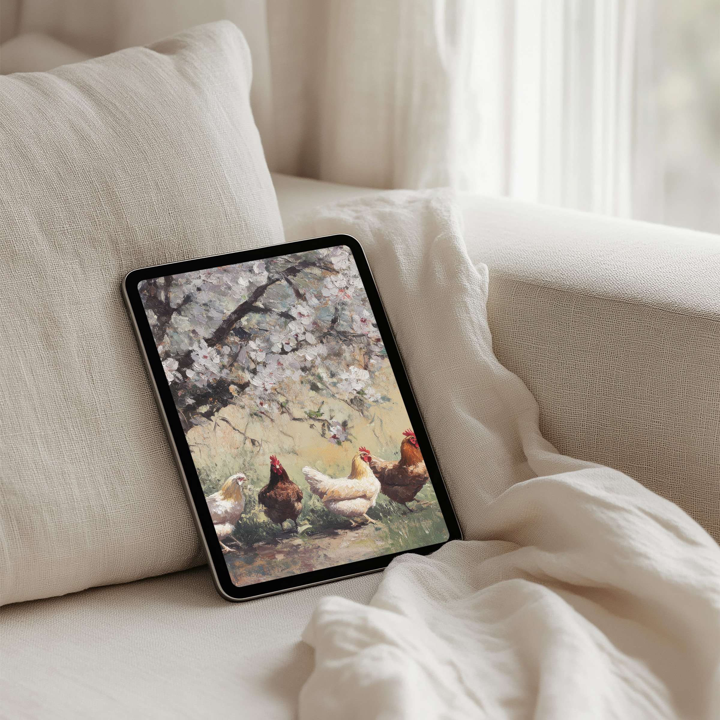 Elegant iPad background featuring serene chickens under spring blossoms offers instant download for tablet users seeking calm inspiration