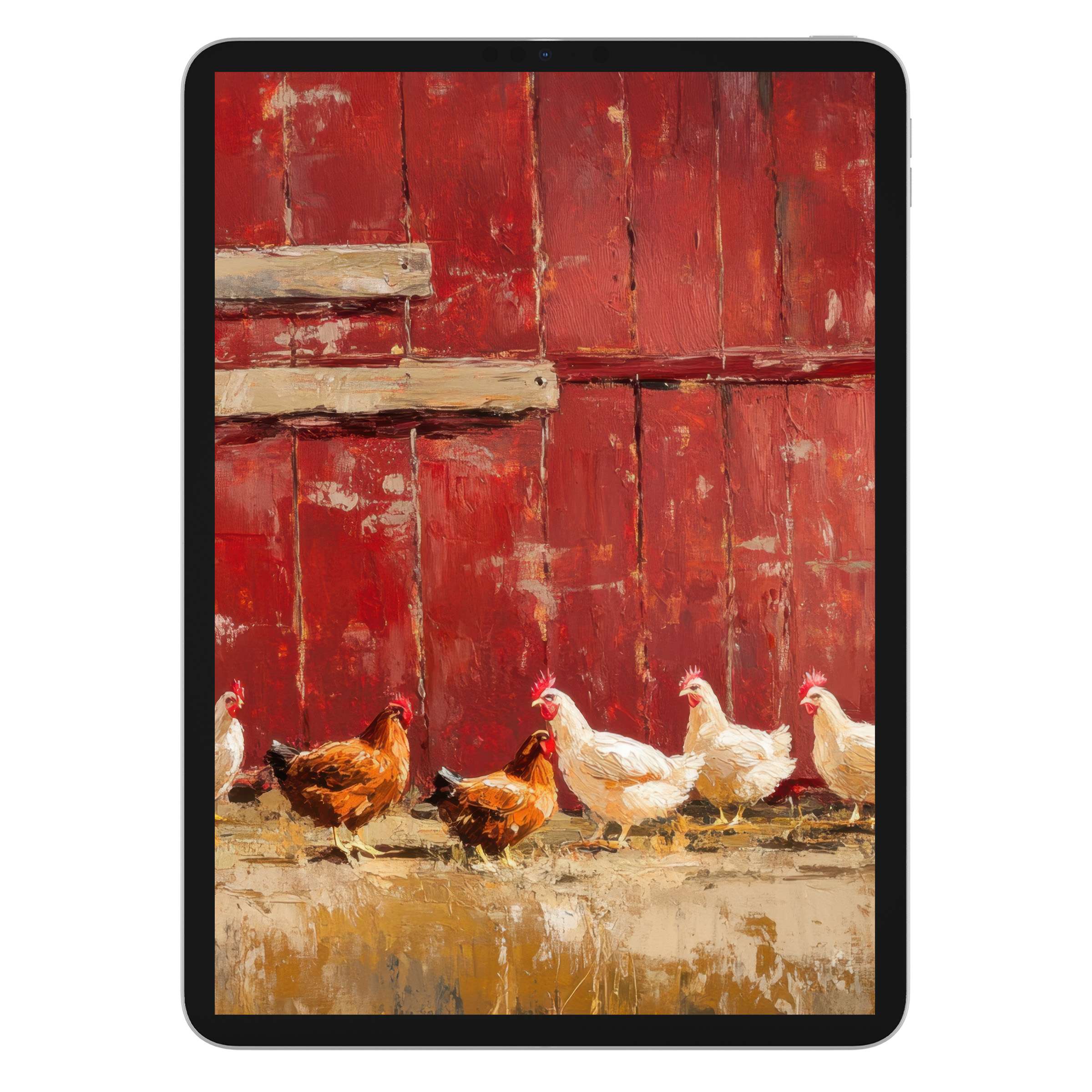Farmhouse iPad wallpaper featuring vibrant red barn and chickens offers a warm digital download for elegant tablet background use