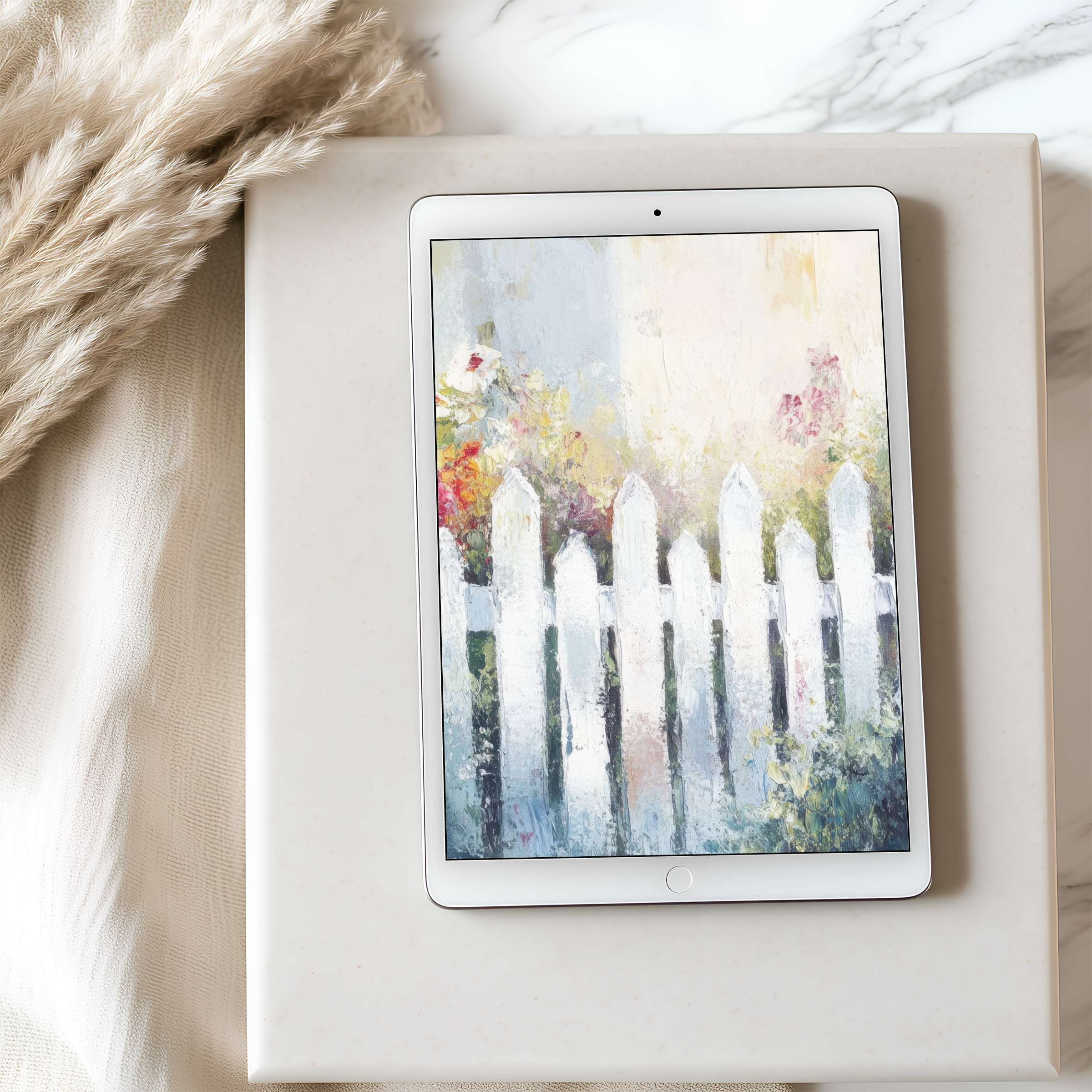 White picket fence tablet wallpaper on an iPad evokes serene elegance with pastel hues, ideal for high-resolution digital downloads