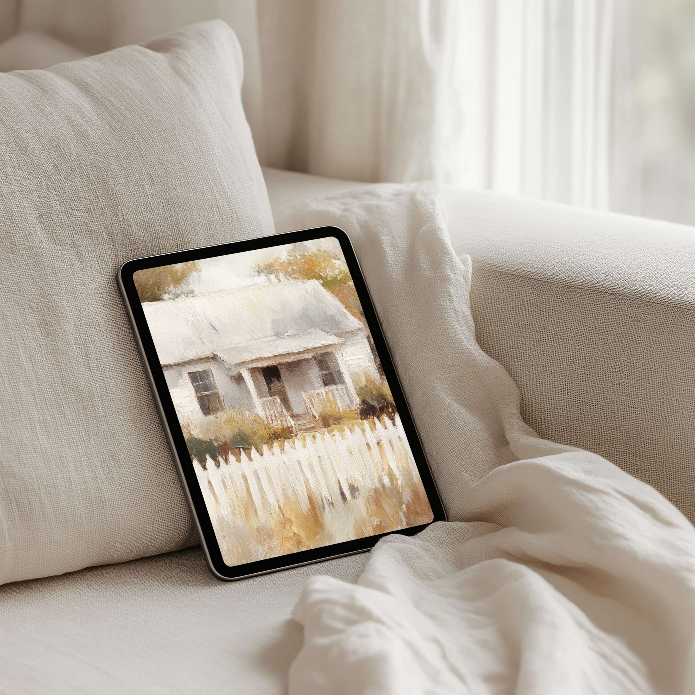 Tranquil watercolor farmhouse painting as an iPad background provides elegant mindfulness and inspiration for any tablet instant download