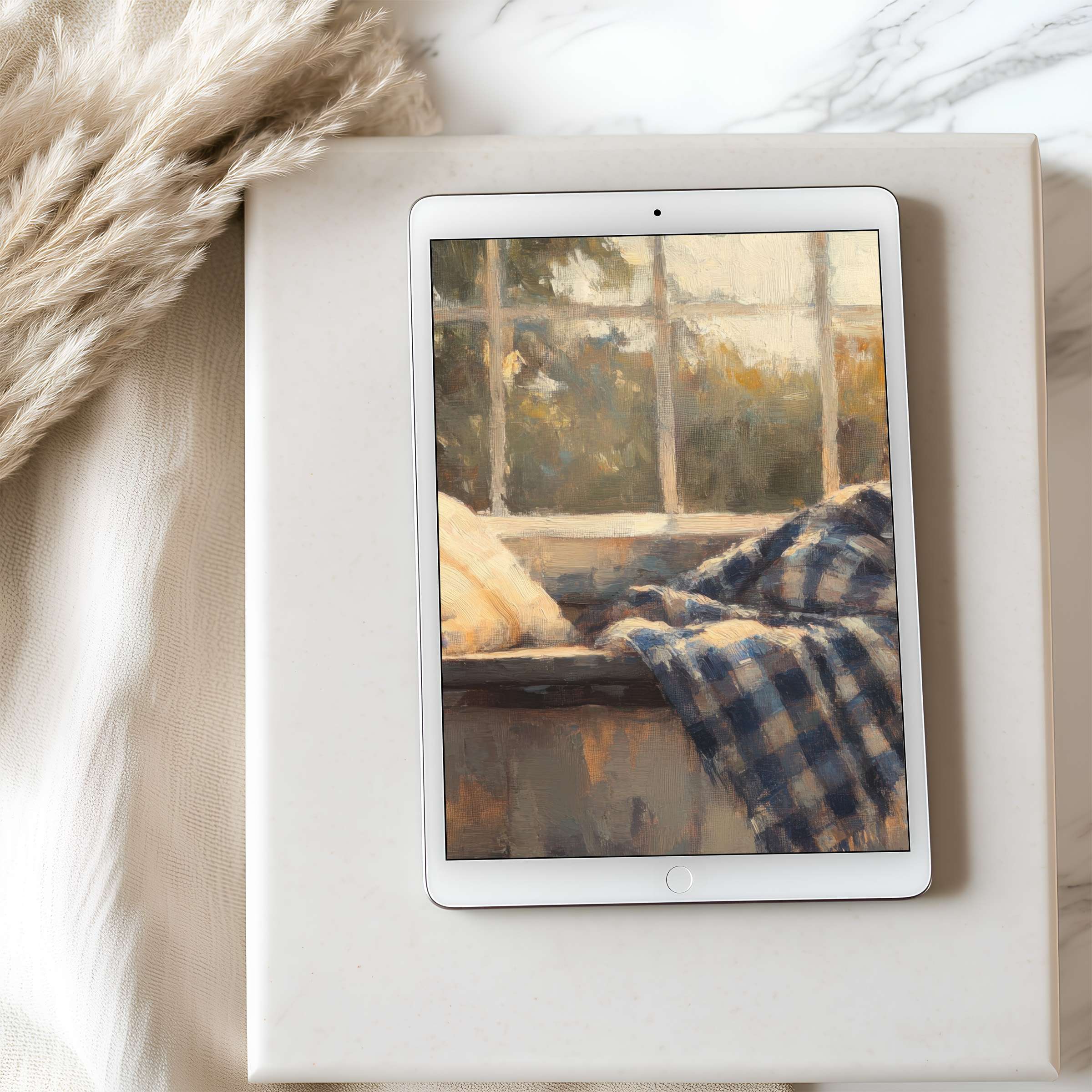 Elegant tablet wallpaper featuring serene window scene in warm tones, perfect for iPad and Android tablets, high-resolution download