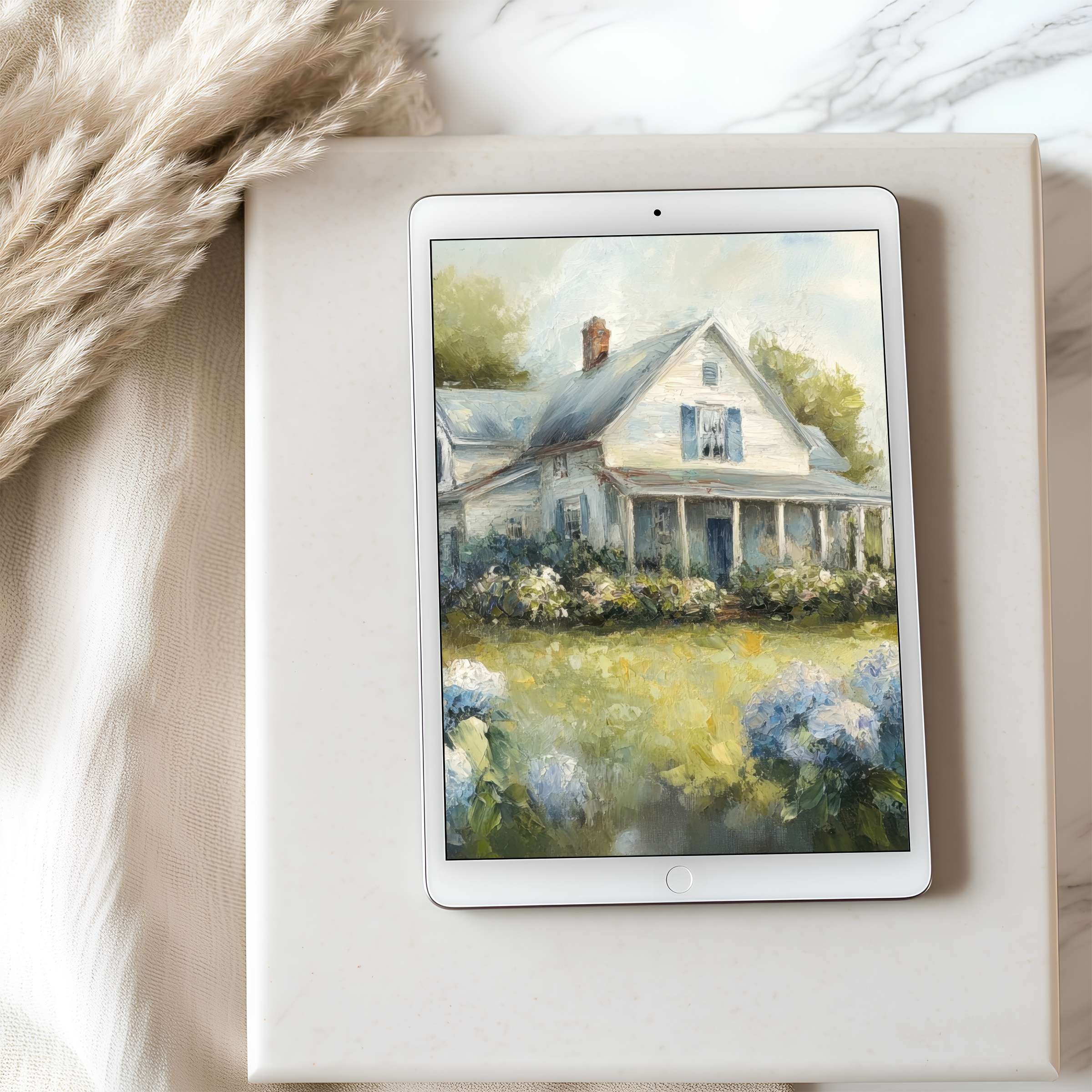 Elegant digital art tablet wallpaper featuring a serene countryside house in soft pastel tones perfect for high-resolution iPad or Android download