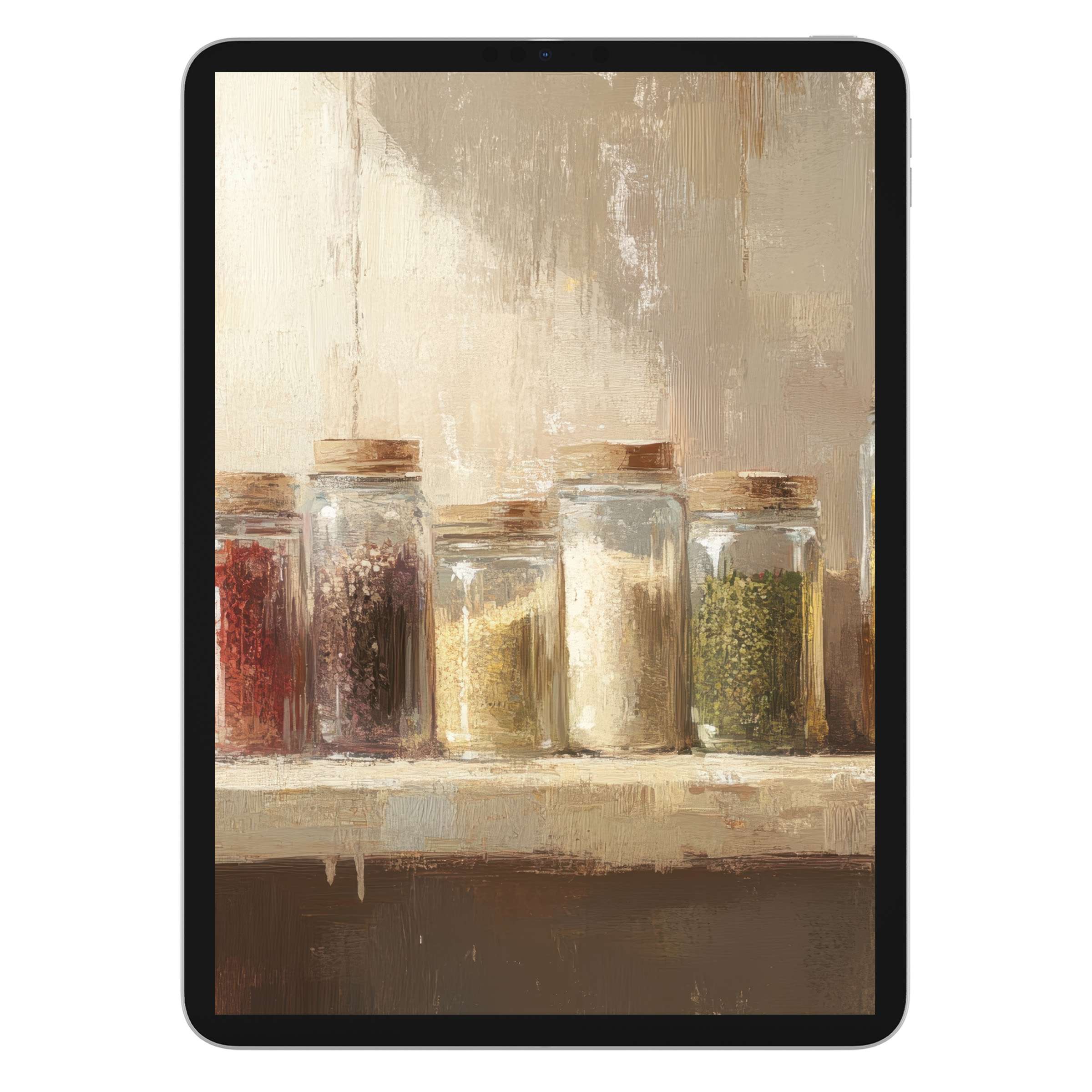 Farmhouse iPad wallpaper digital download featuring rustic spice jars on a wooden shelf in muted tones suitable for tablet background