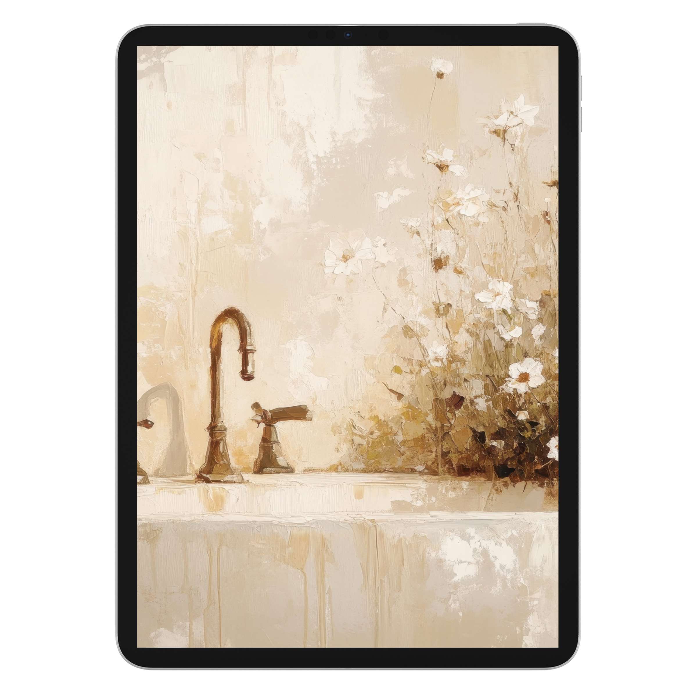 Farmhouse iPad wallpaper featuring rustic brass faucets and wildflowers in warm tones creates an elegant digital download background for tablets