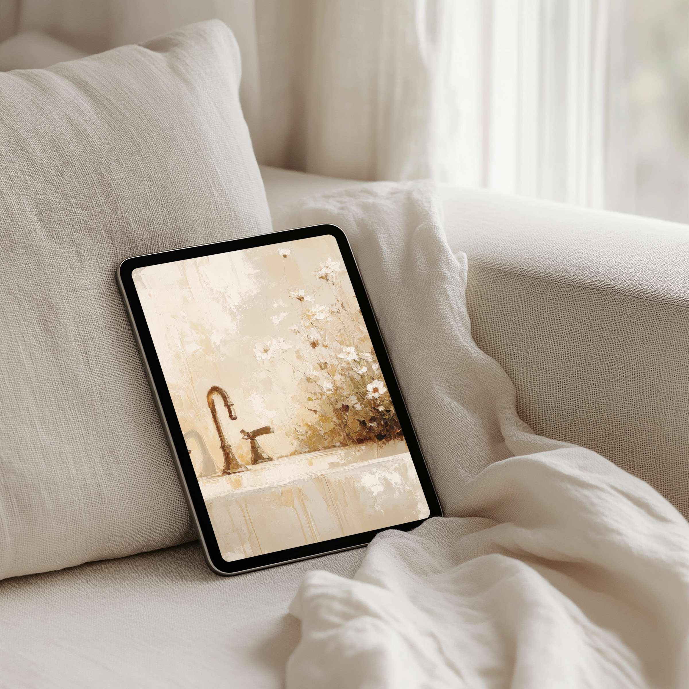 Elegant iPad background featuring soft beige floral art for instant download enhances mindfulness on any compatible tablet