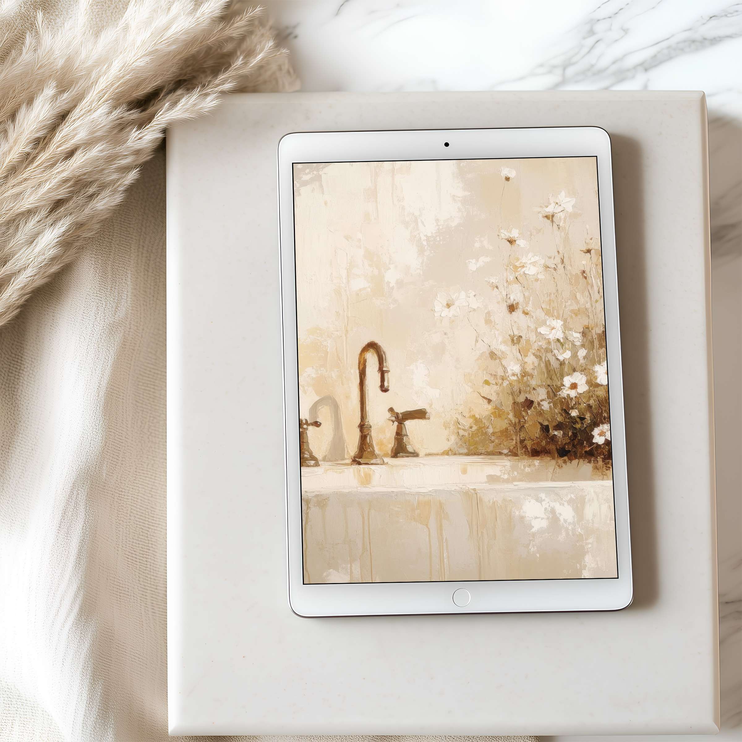 Elegant floral tablet wallpaper for iPad in warm, soothing tones, offering high-resolution digital download for mindful interiors
