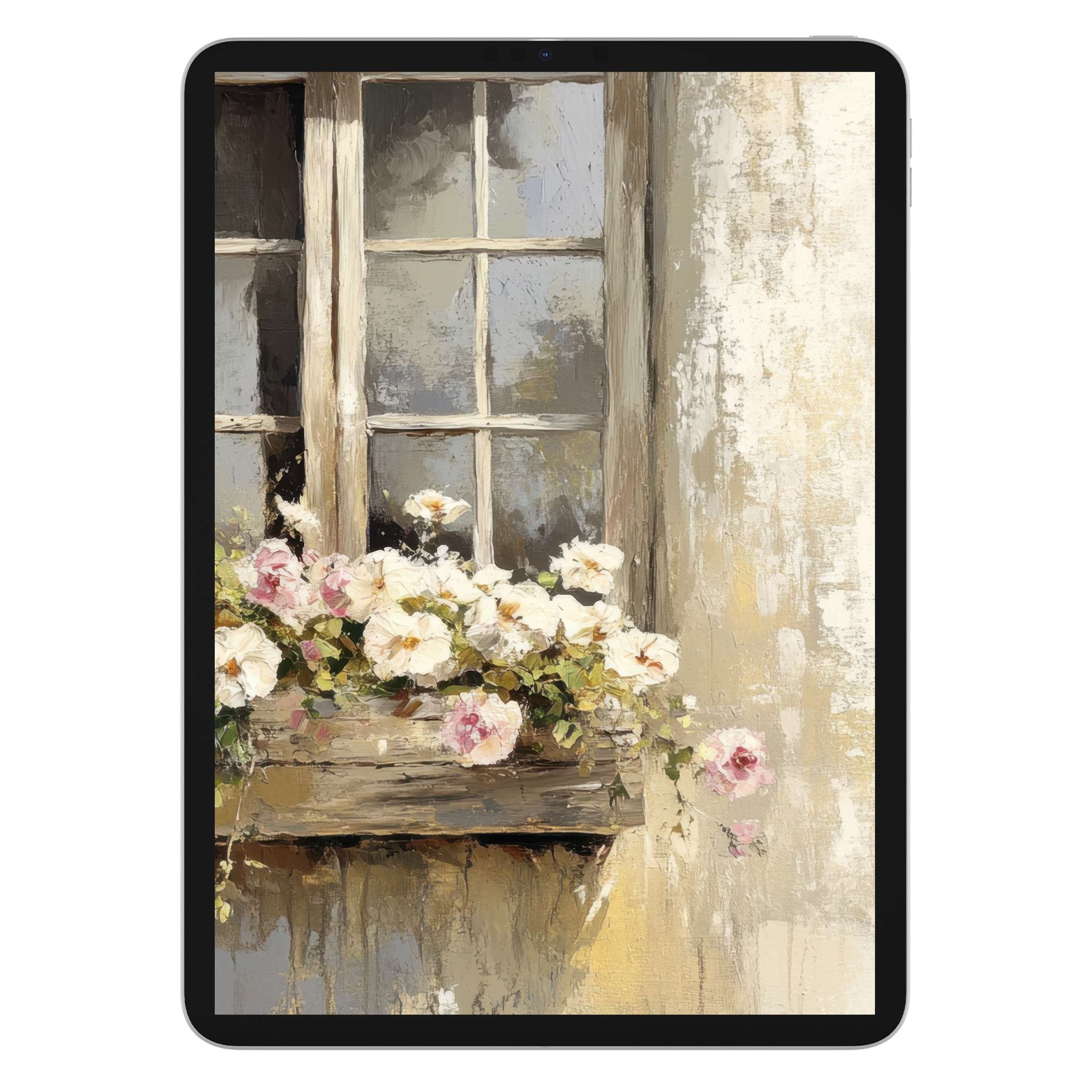 Farmhouse iPad wallpaper featuring rustic window and flowers, perfect digital download for serene tablet background on all devices