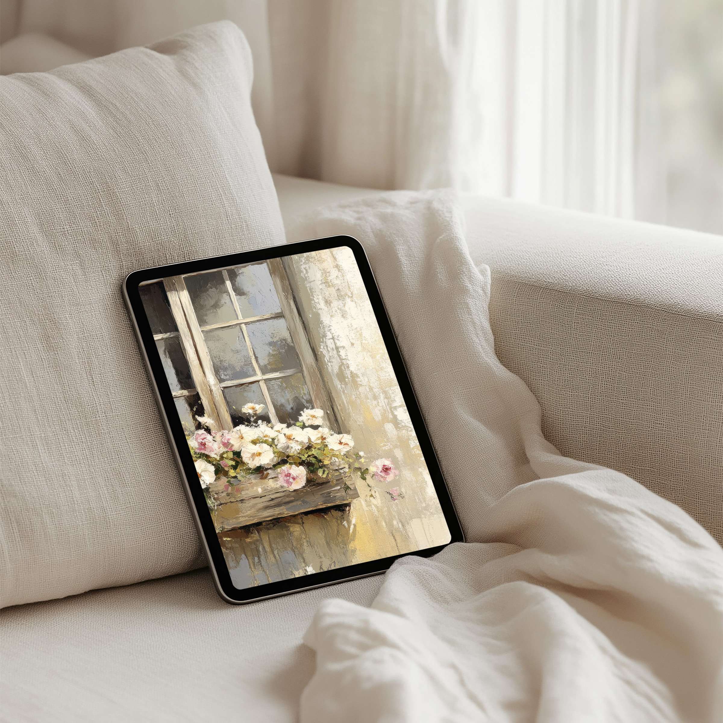 Elegant iPad background with serene floral window art for tablet users seeking calm, instant download for mindfulness and style