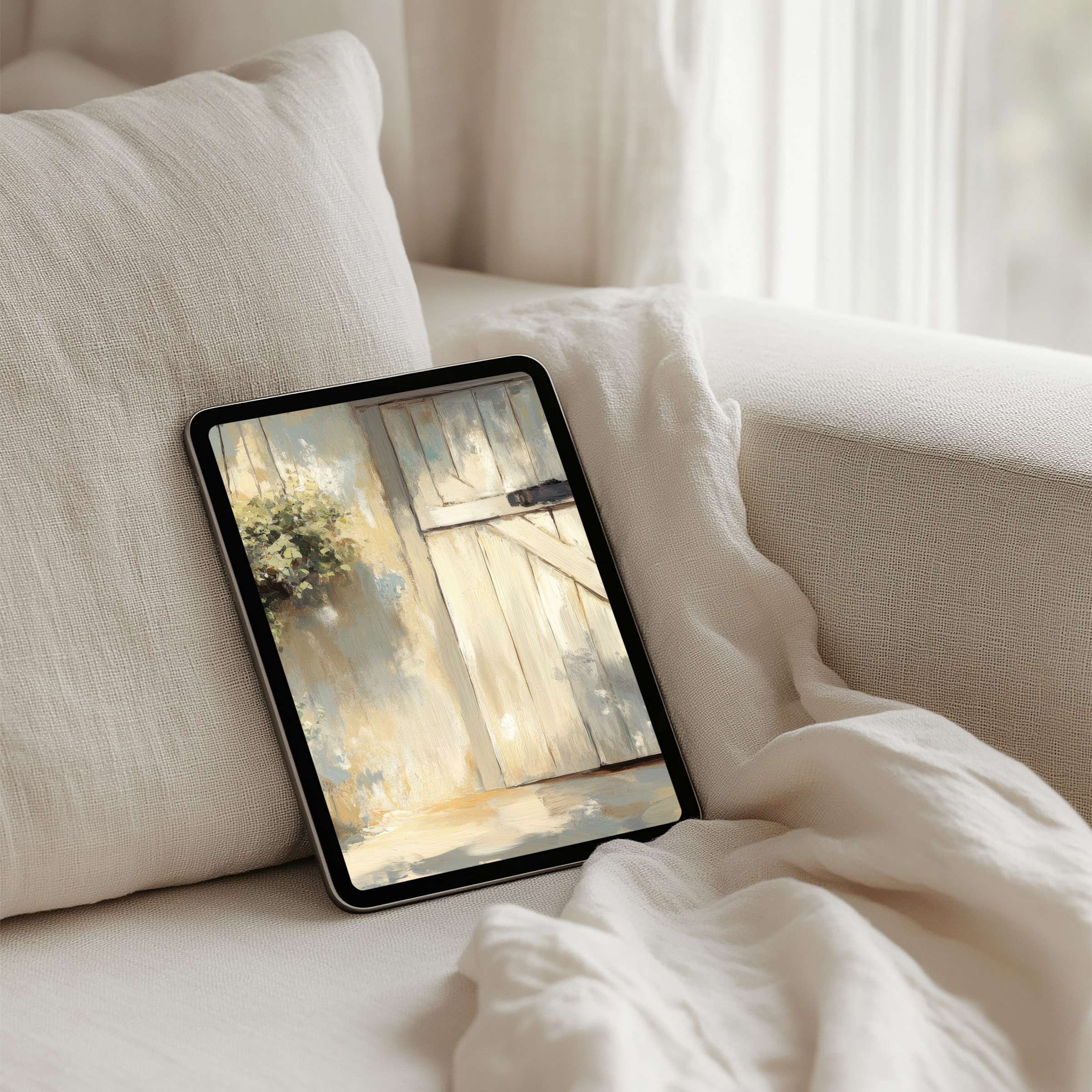 Elegant iPad background with serene, rustic door painting enhances mindfulness on your tablet instant download for calm aesthetics