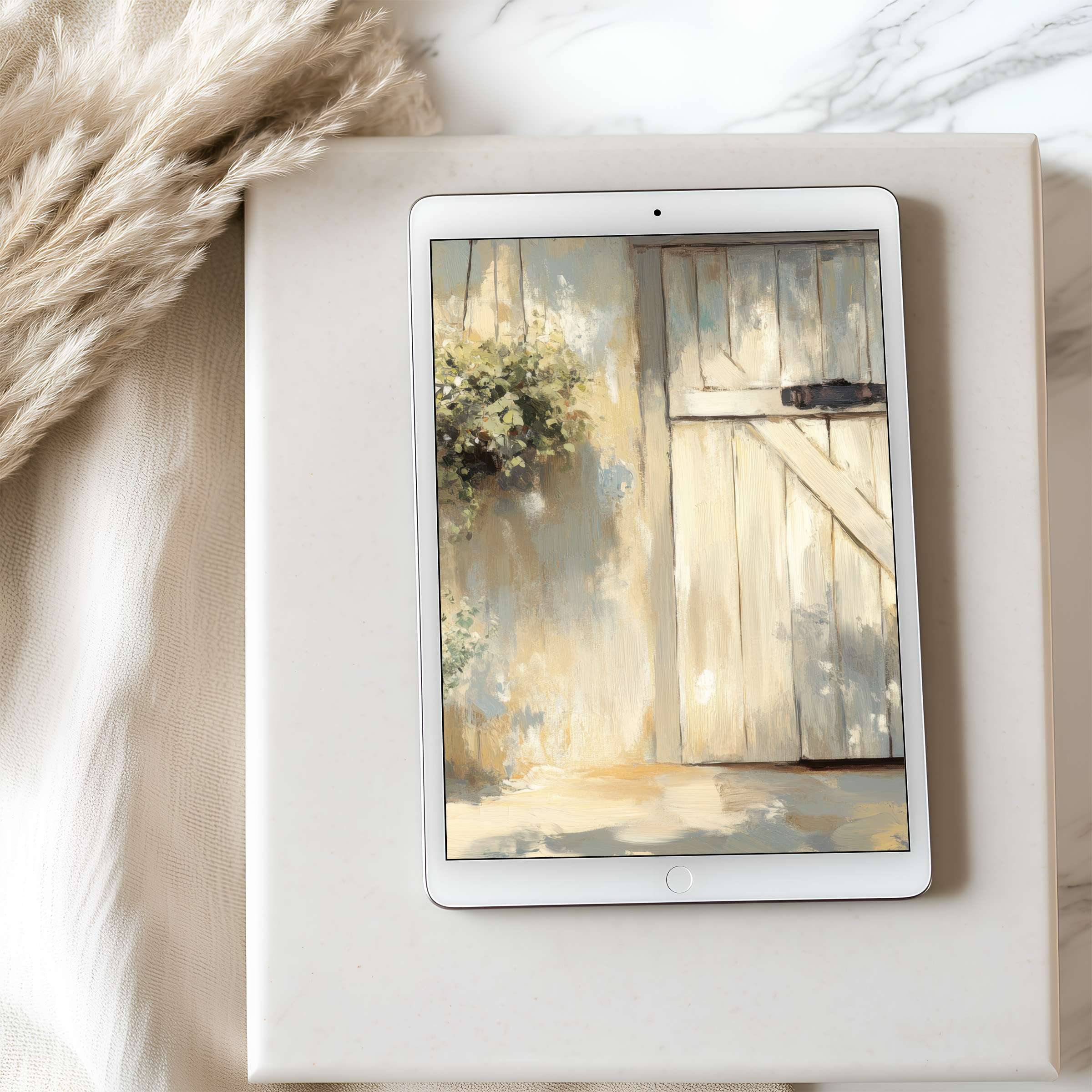 Elegant tablet wallpaper featuring rustic door art in calming pastels, offering serene high resolution for iPad and Android tablet downloads
