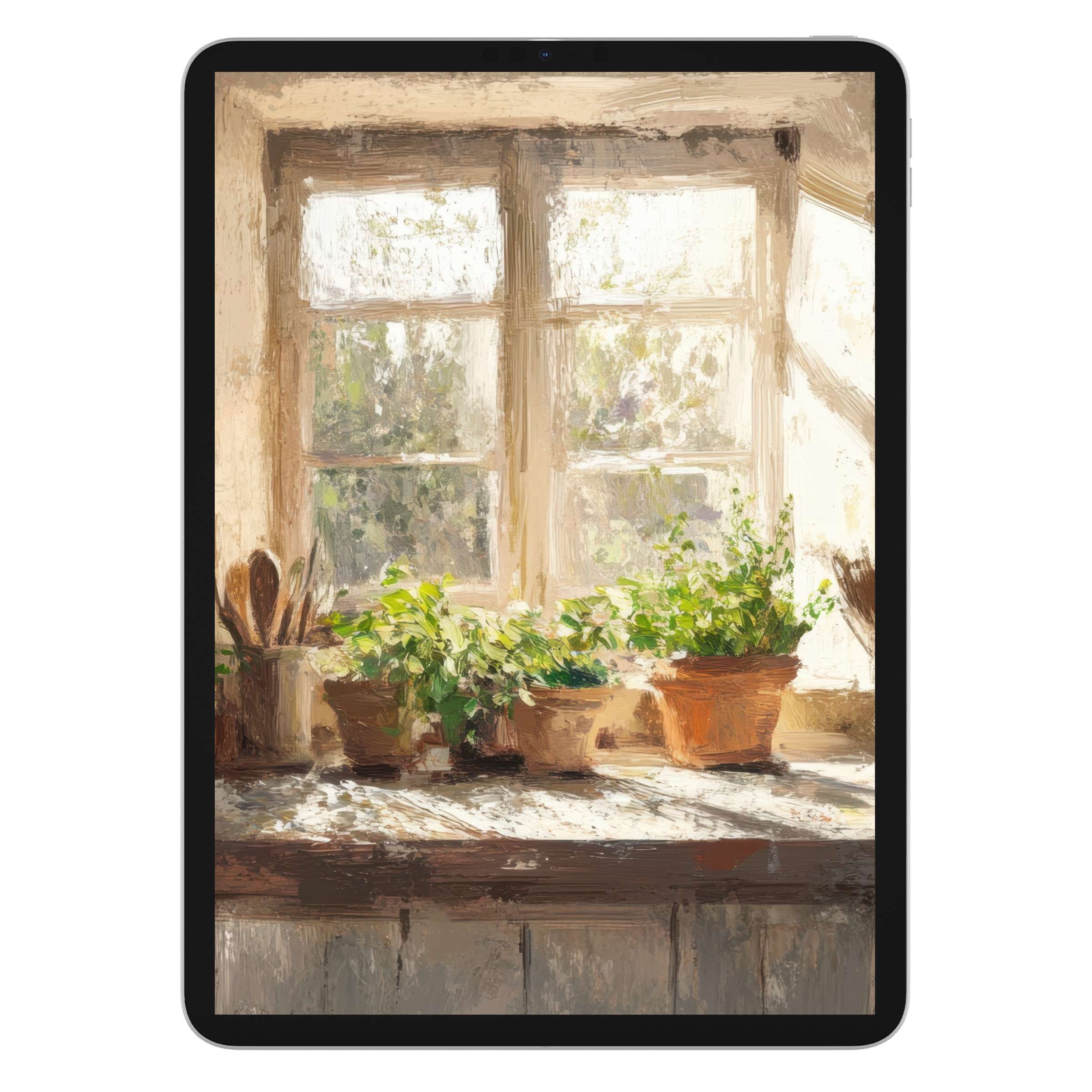 Farmhouse iPad wallpaper featuring a serene window with potted plants in sunlight, perfect digital download for tablet background elegance