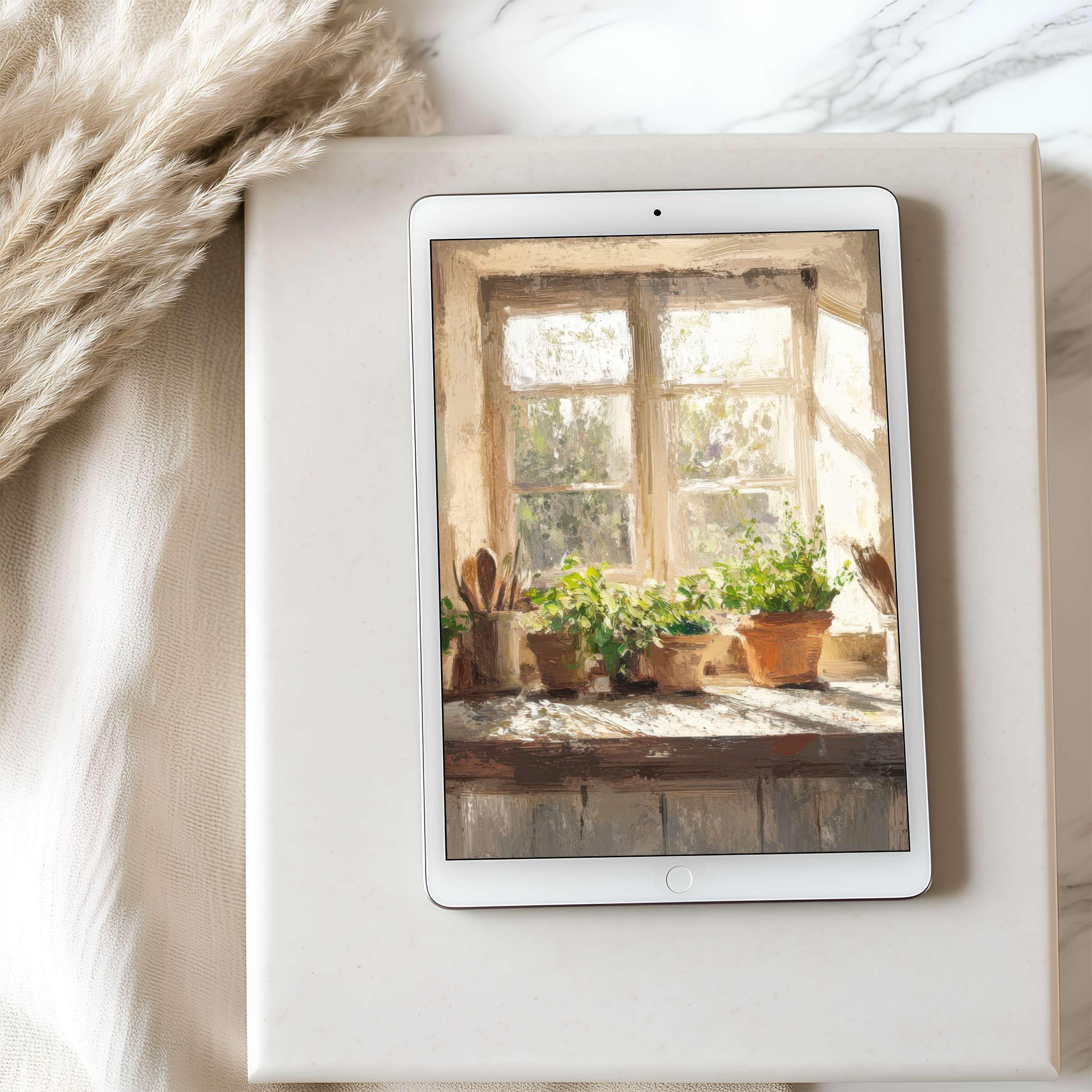 Cozy tablet wallpaper featuring sunlit window sill with lush potted plants in earthy tones ideal for stylish iPad or Android use