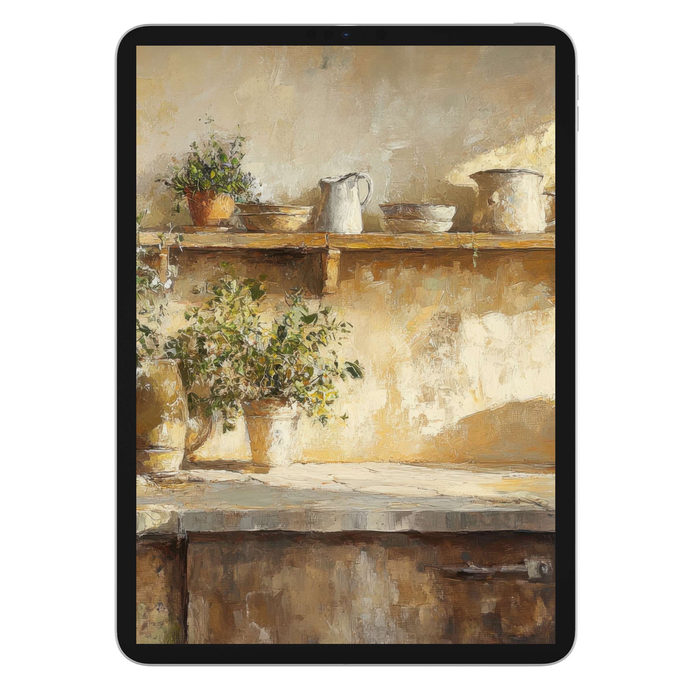 Farmhouse iPad wallpaper digital download features elegant rustic shelves with soft earth tones, perfect tablet background for tranquility