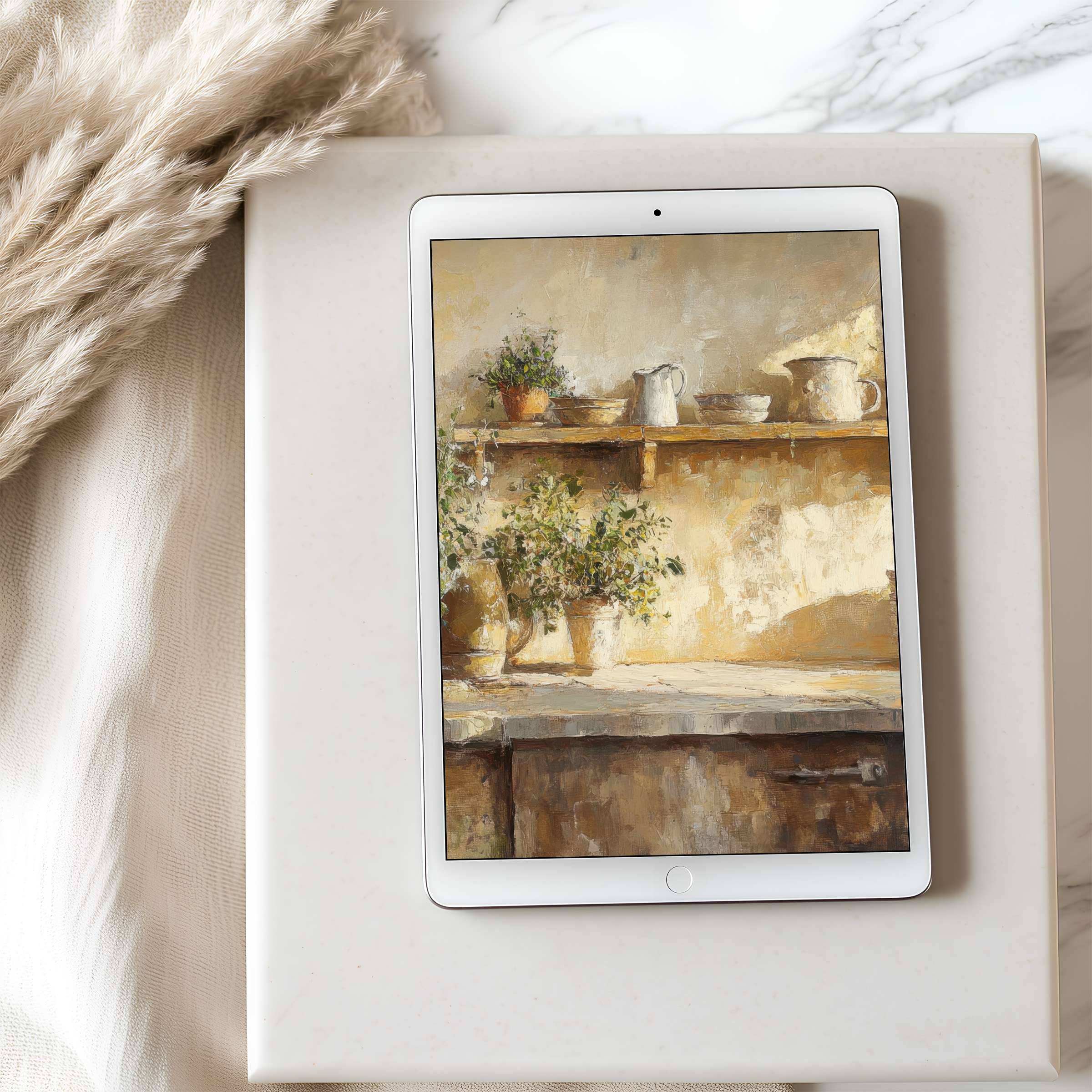 Elegant tablet wallpaper features rustic kitchen scene with warm tones, ideal for iPad in high resolution, offering serenity and style