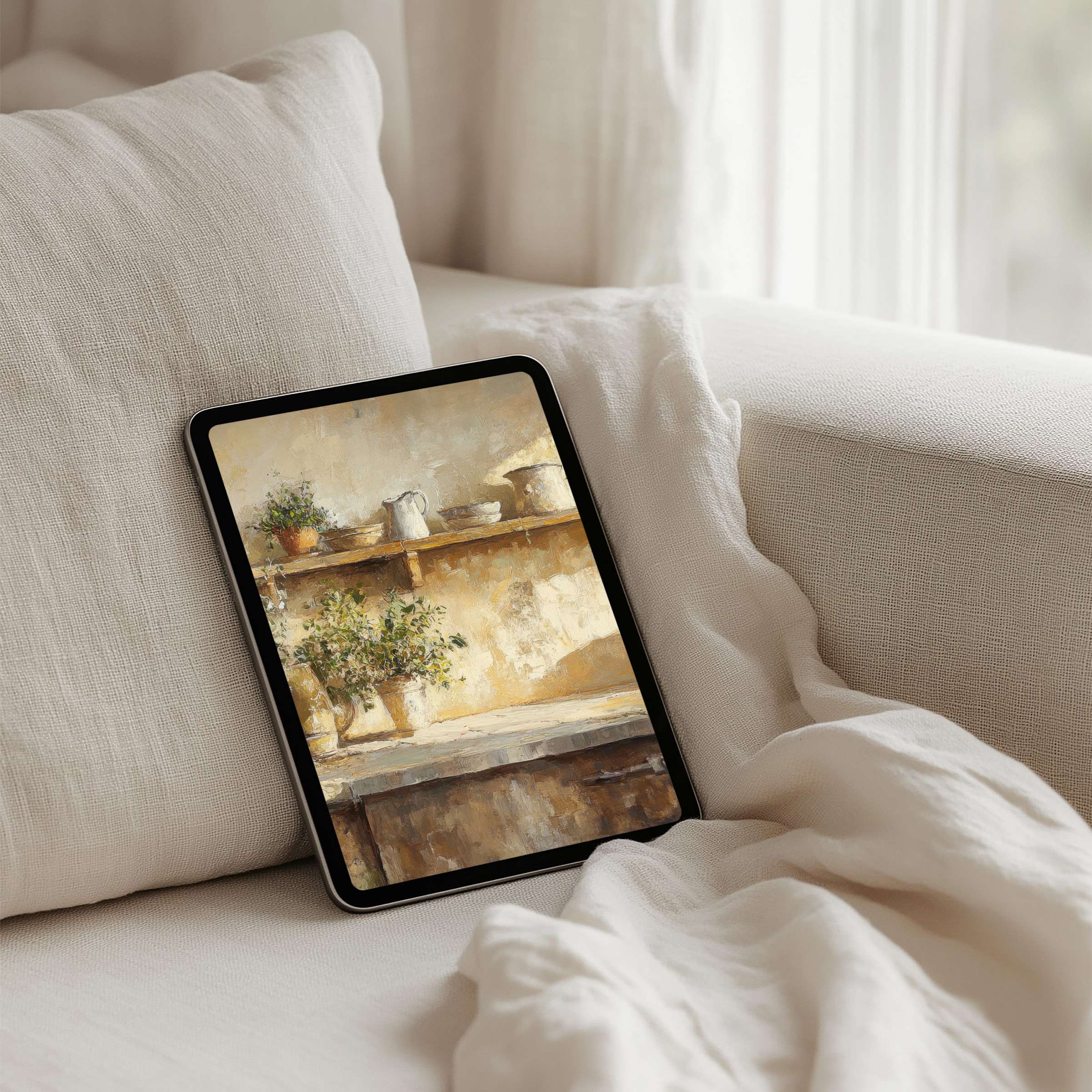 Elegant rustic iPad background with serene art, offering instant download for tablets like iPad, Samsung, Android, enhancing mindfulness