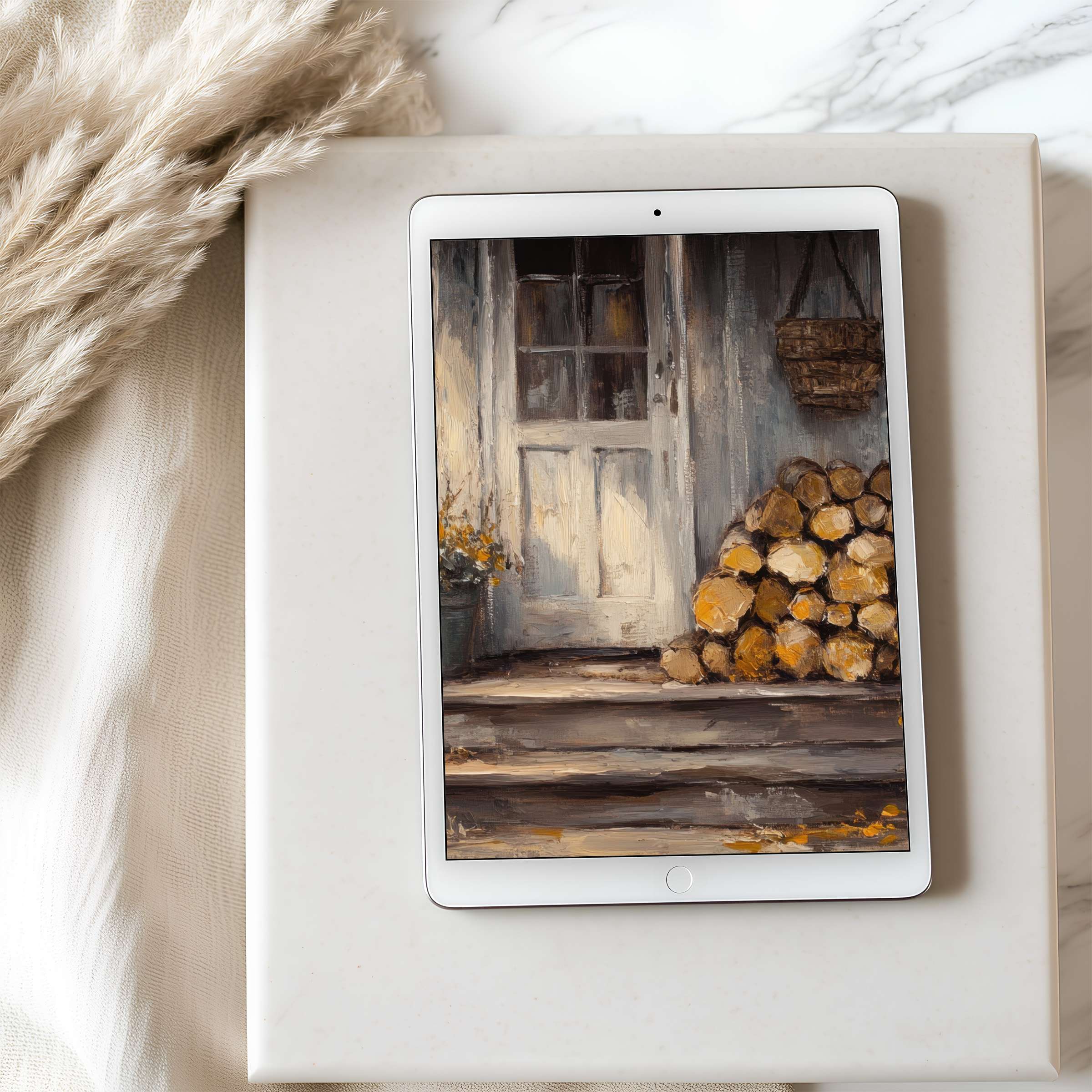 Cozy rustic door scene tablet wallpaper in warm tones enhances calm spaces curated for iPad and Android tablets digital download