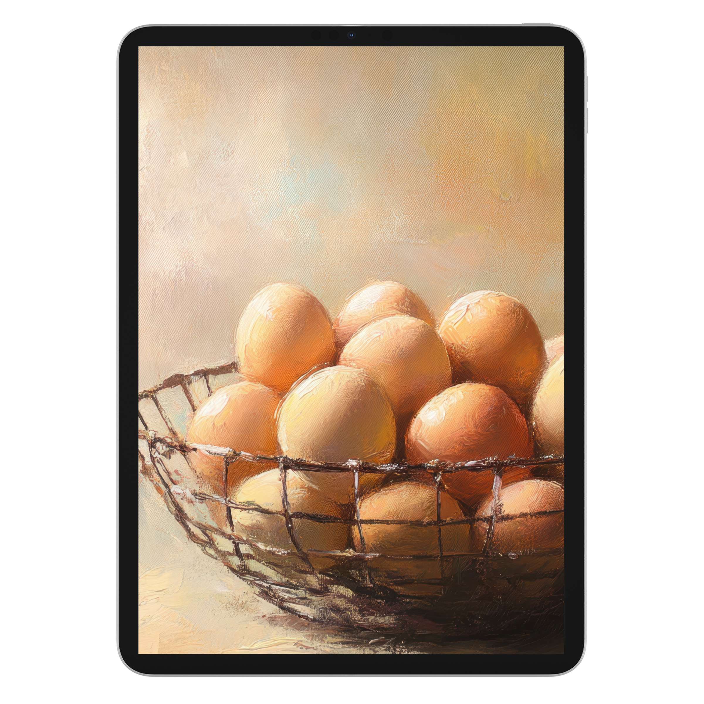 Farmhouse iPad wallpaper showcasing a wire basket of eggs with warm tones, perfect digital download for tablet background elegance