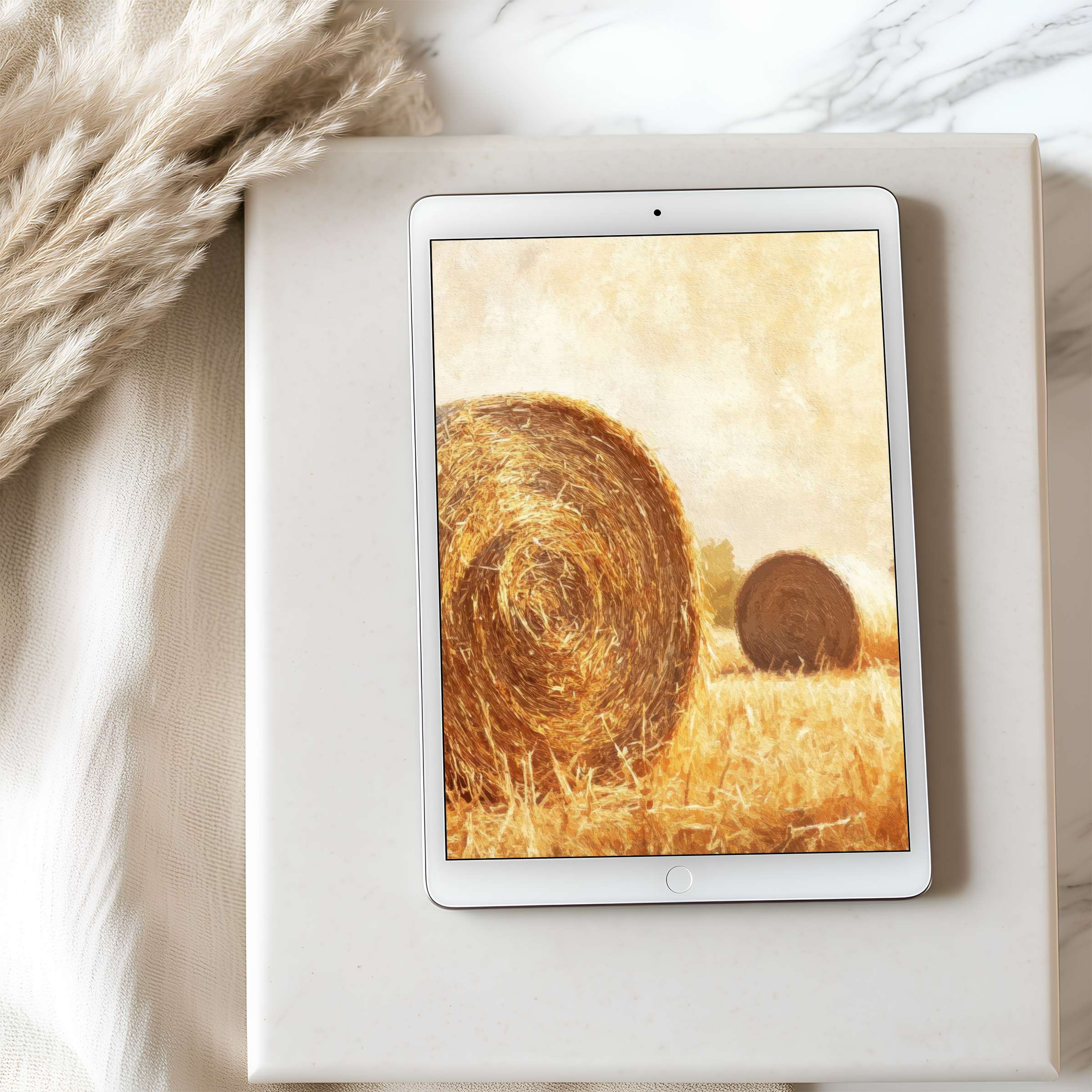 Tranquil hay bales art tablet wallpaper for iPad adds warmth to your curated space high resolution digital download available